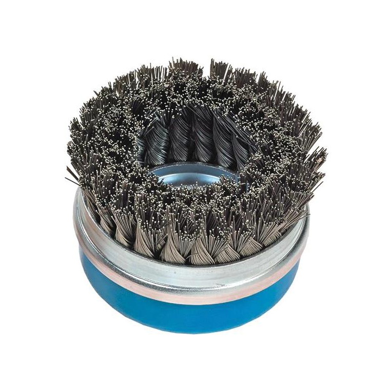 13G584 | Wire Cup Brush 5", 5/8"-11 Arbor, Knot-Twisted Double Row Stainless Steel Wires W/ Ring