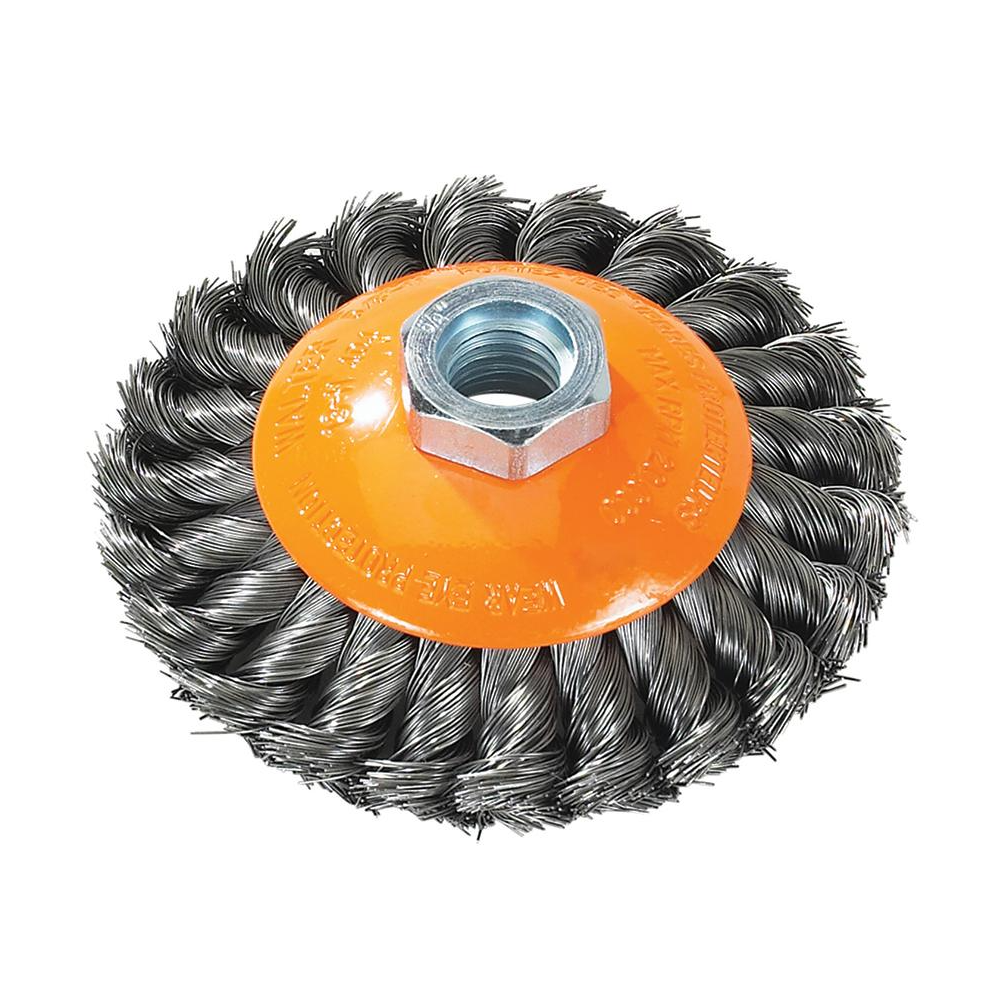 13H404 | Saucer-Cup Brush 4", 5/8"-11 Arbor, Knot-Twisted Steel Wires