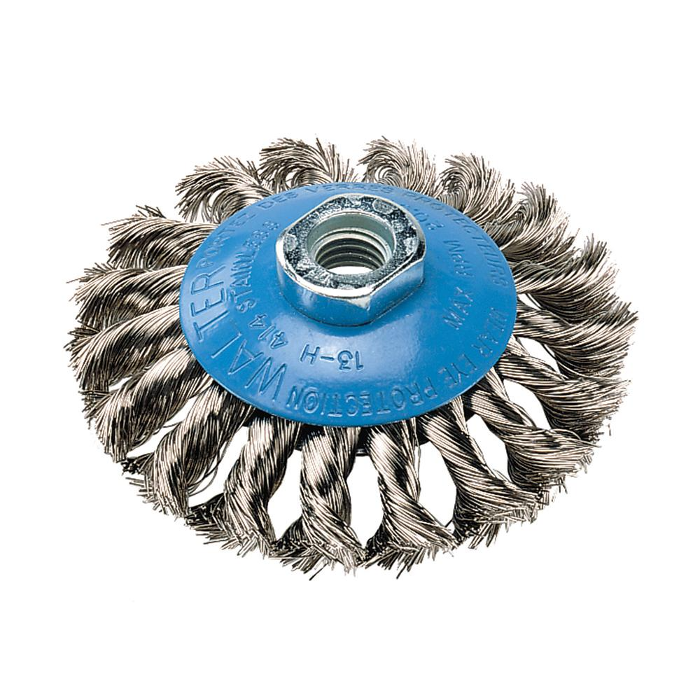 13H414 | Saucer-Cup Brush 4", 5/8"-11 Arbor, Knot-Twisted Stainless Steel Wires