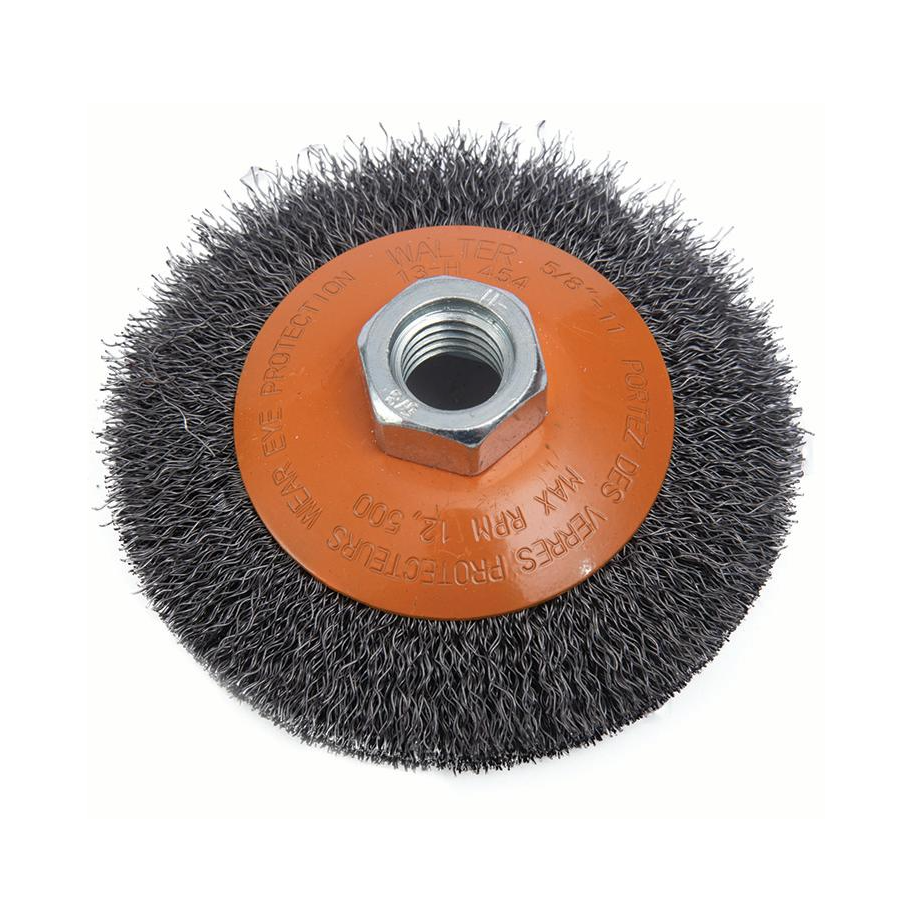 13H454 | Saucer-Cup Brush 4", 5/8"-11 Arbor, Crimped Steel Wires