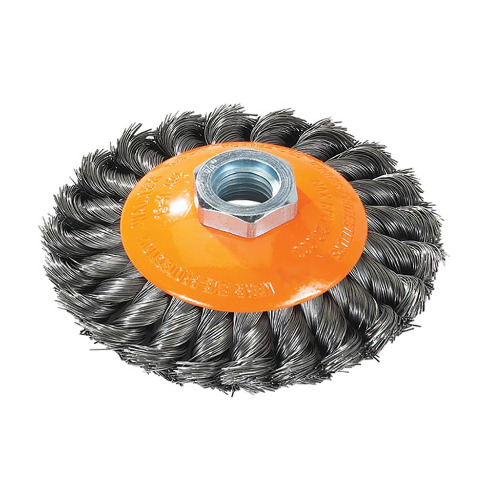 13H504 | Saucer-Cup Brush 5", 5/8"-11 Arbor, Knot-Twisted Steel Wires