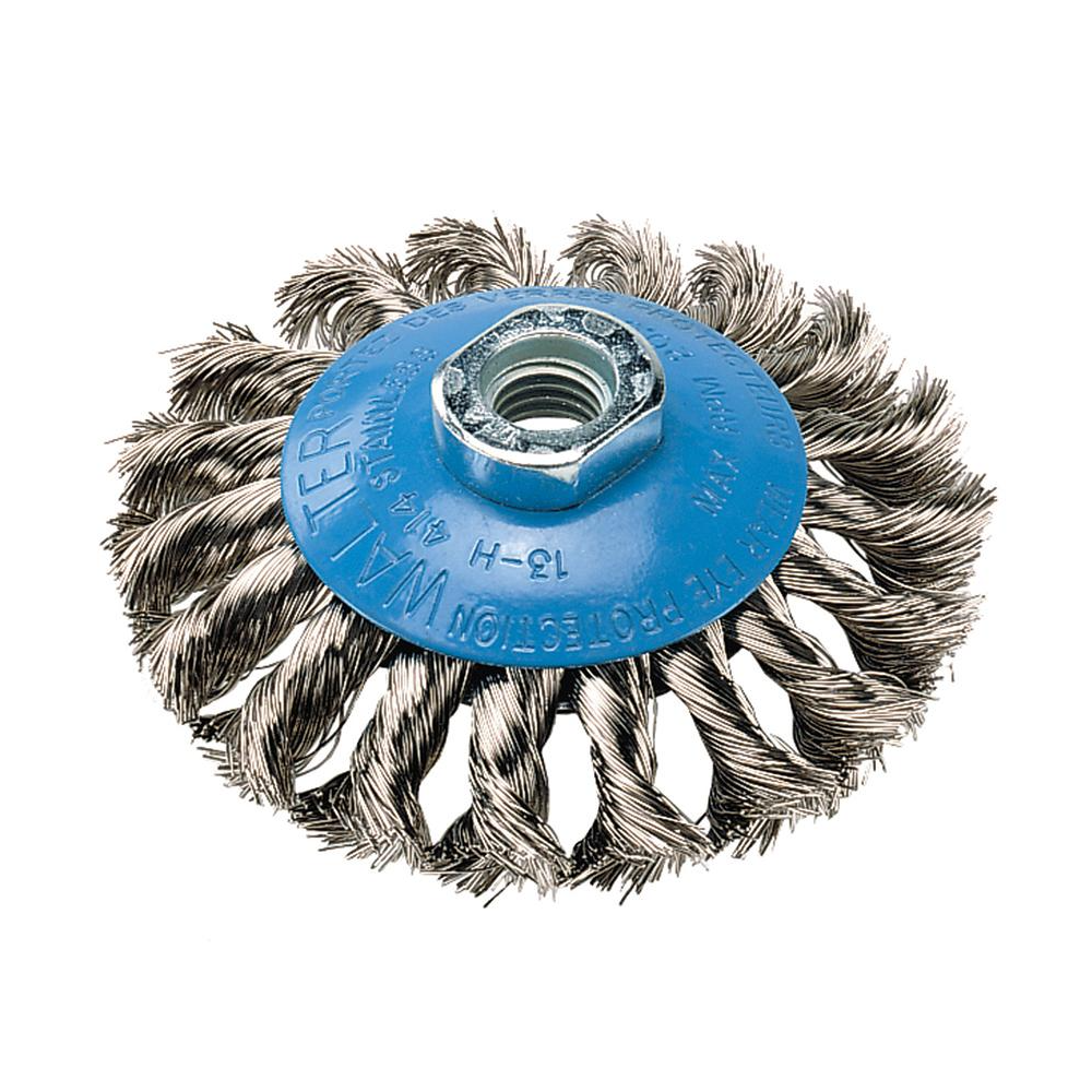 13H514 | Saucer-Cup Brush 5", 5/8"-11 Arbor, Knot-Twisted Stainless Steel Wires
