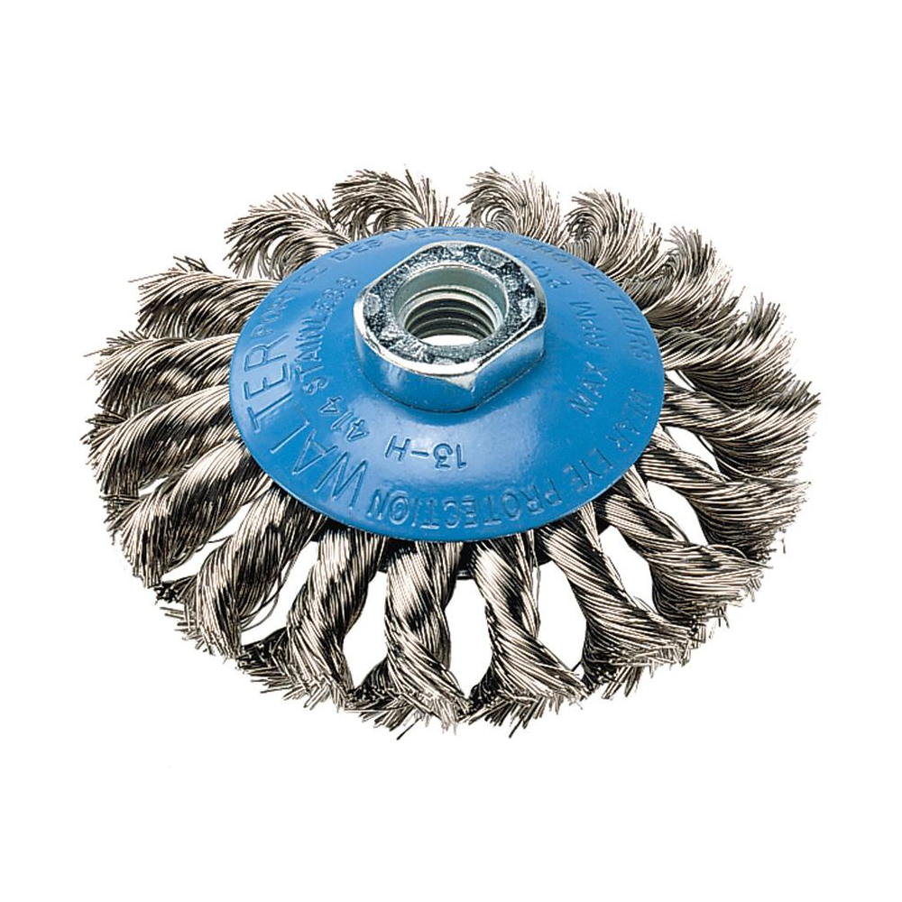 13H614 | Saucer-Cup Brush 6", 5/8"-11 Arbor, Knot-Twisted Stainless Steel Wires