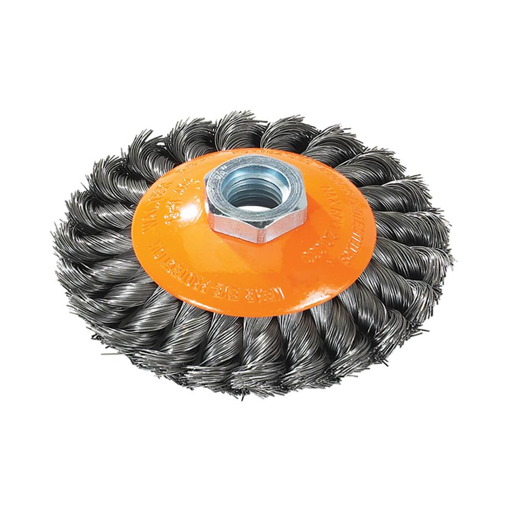 13H704 | Saucer-Cup Brush 7", 5/8"-11 Arbor, Knot-Twisted Steel Wires