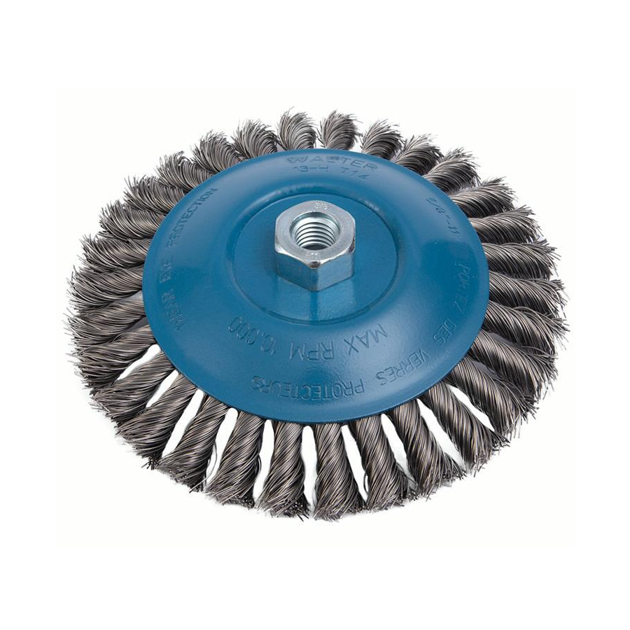 13H714 | Saucer-Cup Brush 7", 5/8"-11 Arbor, Knot-Twisted Stainless Steel Wires