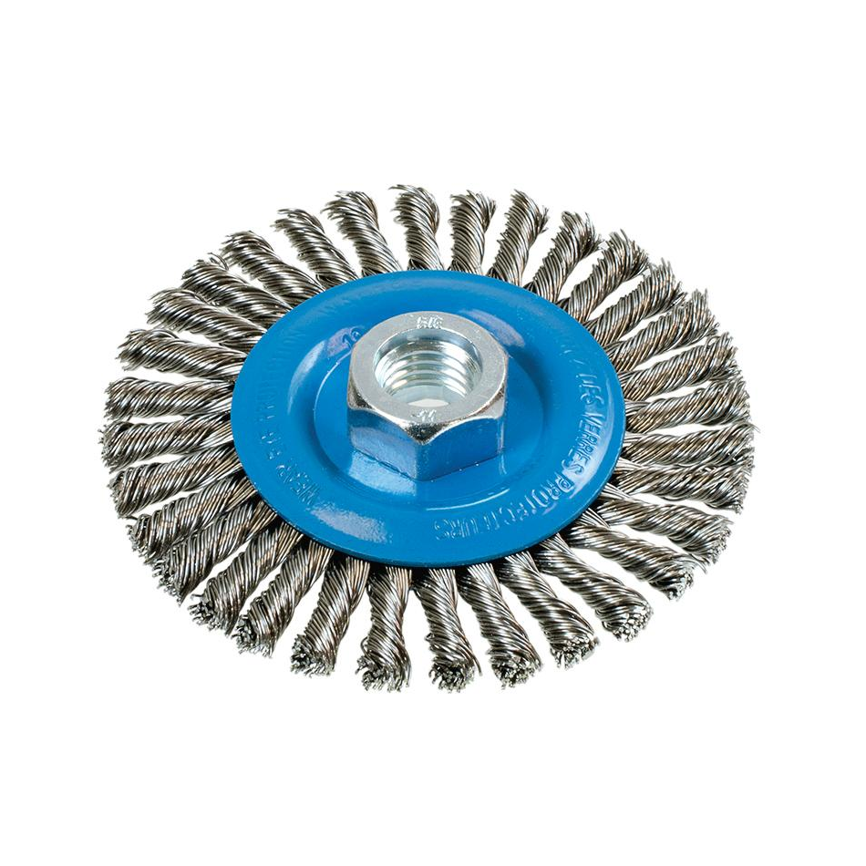 13K414 | Wire Wheel Brush 4", 5/8"-11 Arbor, Stringer Bead Knot-Twisted Stainless Steel Wires
