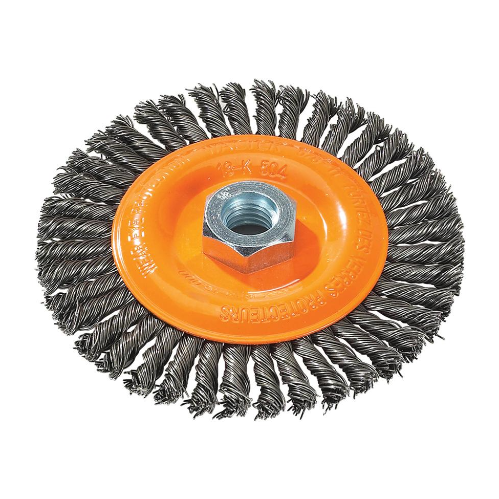 13K504 | Wire Wheel Brush 5", 5/8"-11 Arbor, Stringer Bead Knot-Twisted Steel Wires