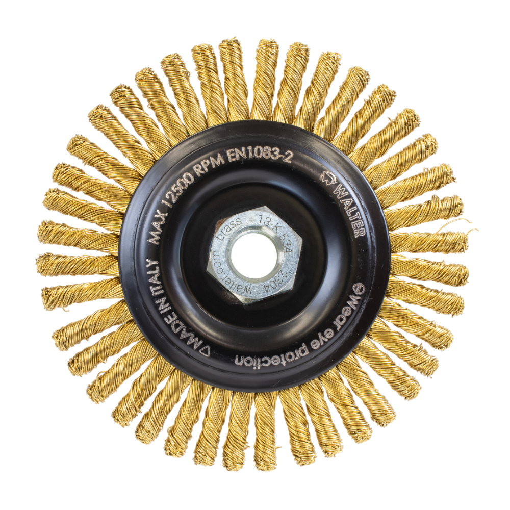 13K534 | Wire Wheel Brush 5", 5/8"-11 Arbor, Spark-Free Stringer Bead Knot-Twisted Brass Wires