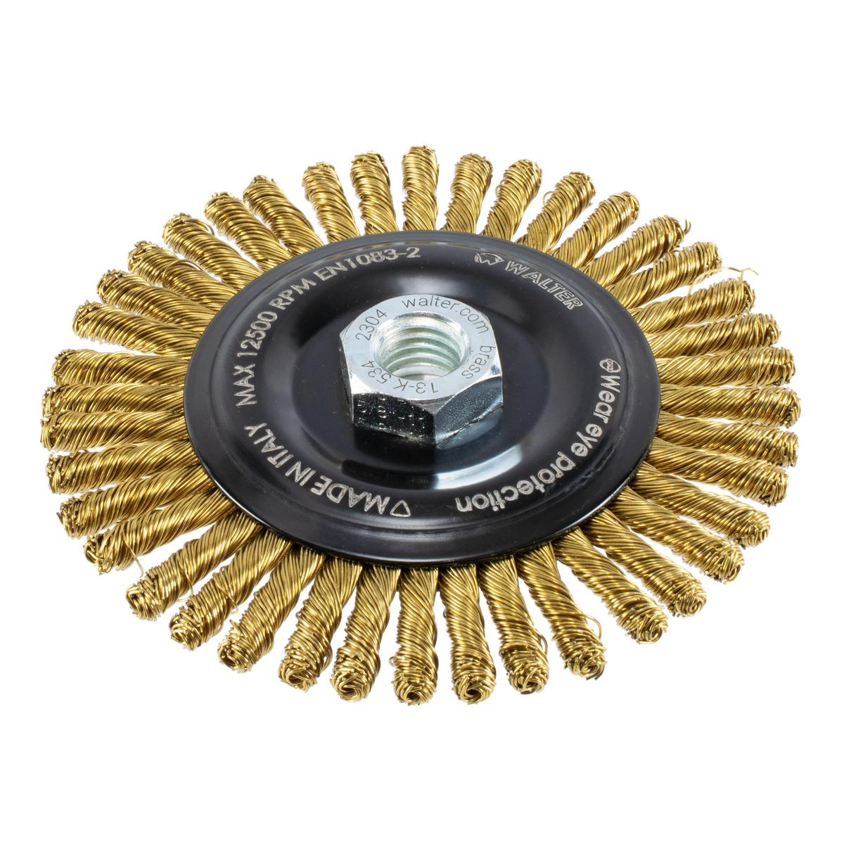 13K634 | Wire Wheel Brush 6", 5/8"-11 Arbor, Spark-Free Stringer Bead Knot-Twisted Brass Wires