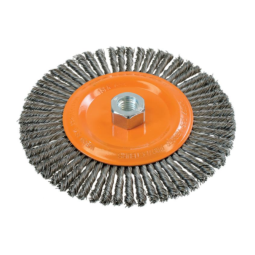 13K654 | Wire Wheel Brush 6-7/8", 5/8"-11 Arbor, Stringer Bead Knot-Twisted Steel Wires