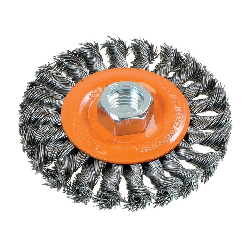 13L404 | Wire Wheel Brush 4", 5/8"-11 Arbor, Wide Knot-Twisted Steel Wires
