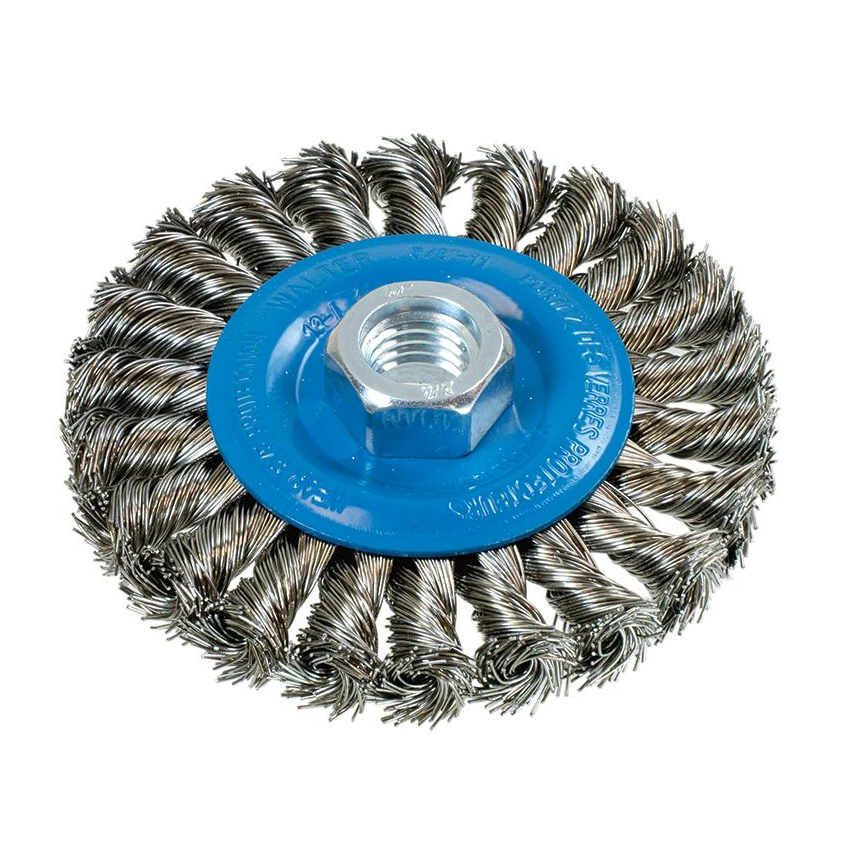 13L414 | Wire Wheel Brush 4", 5/8"-11 Arbor, Wide Knot-Twisted Stainless Steel Wires