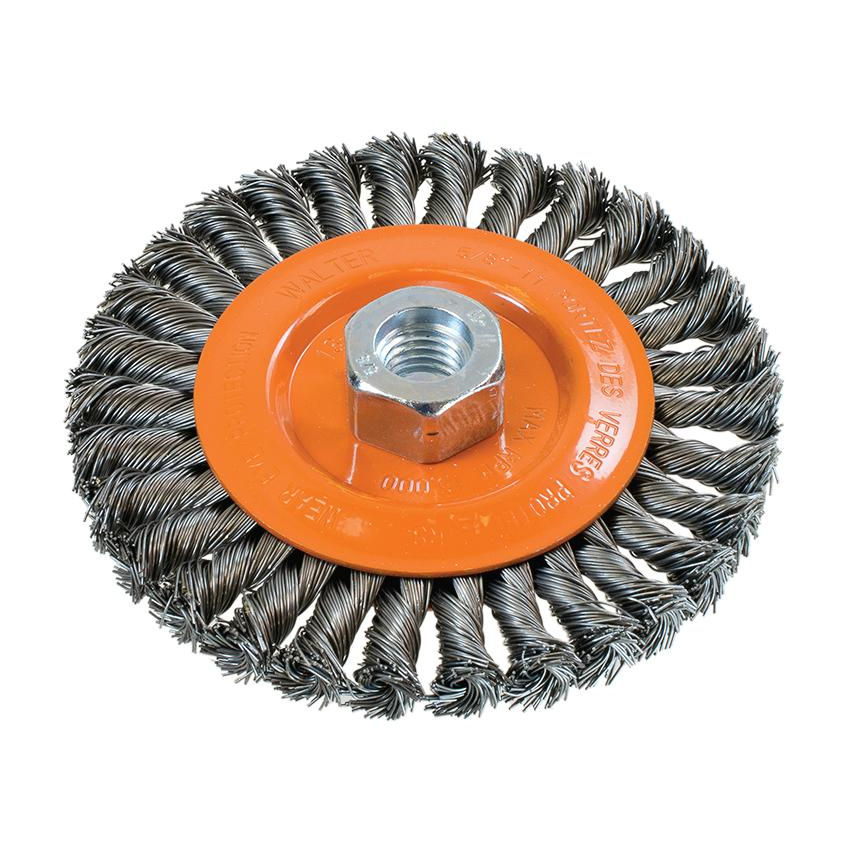 13L504 | Wire Wheel Brush 5", 5/8"-11 Arbor, Wide Knot-Twisted Steel Wires