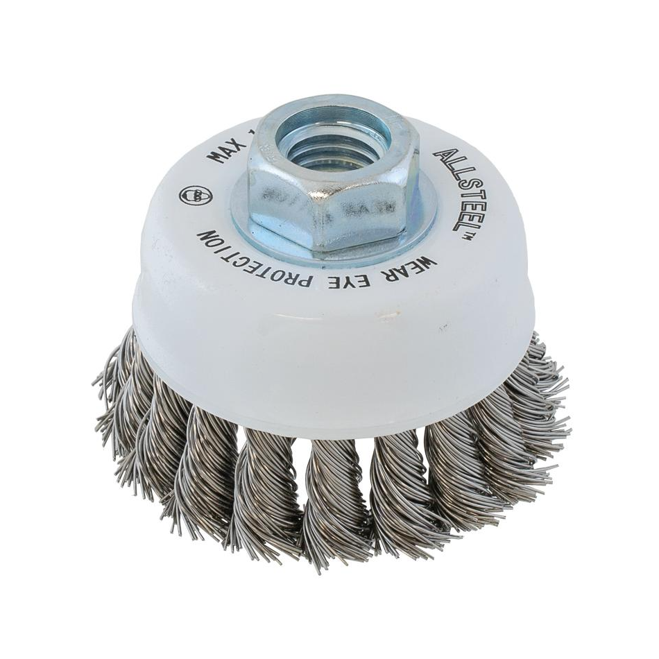 13W312 | All Metal™ Wire Cup Brush 3", 5/8"-11 Arbor, Knot-Twisted Stainless Steel Wires