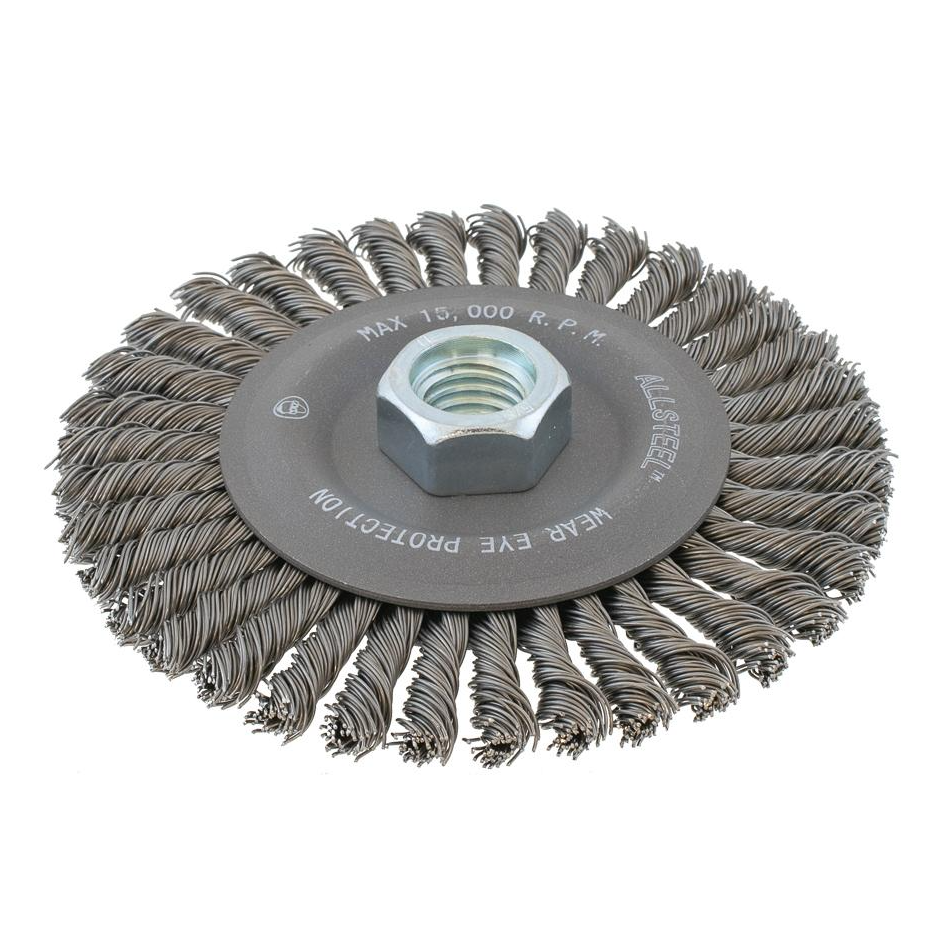 13W461 | All Metal™ Wire Wheel Brush 4-1/2", 5/8"-11 Arbor, Stringer Bead Knot-Twisted Steel Wires