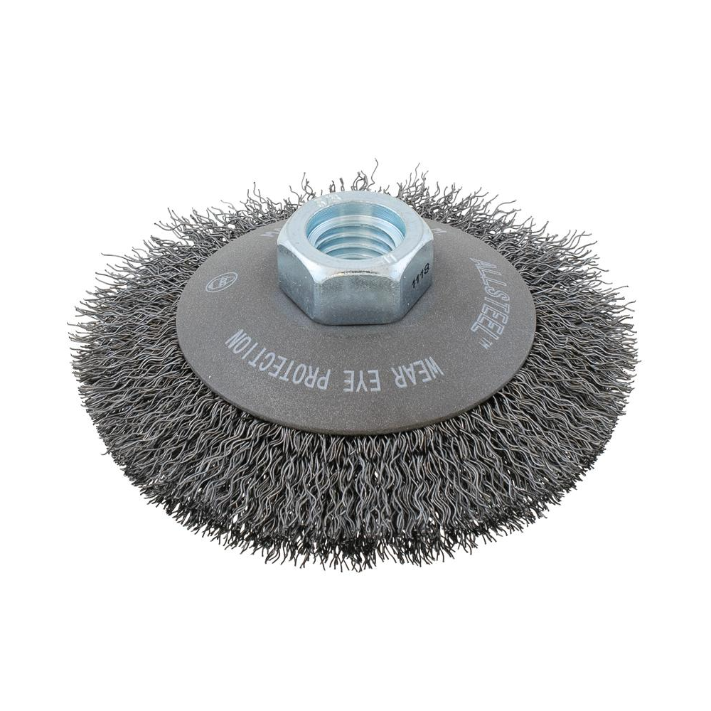 13W531 | All Metal™ Saucer-Cup Brush 5", 5/8"-11 Arbor, Crimped Steel Wires