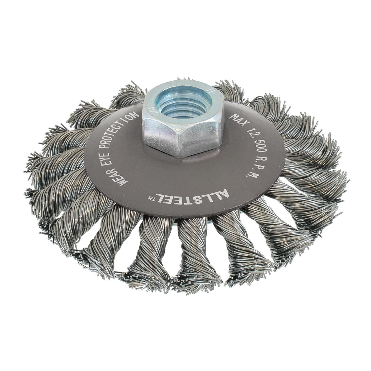 13W541 | All Metal™ Saucer-Cup Brush 5", 5/8"-11 Arbor, Knot-Twisted Steel Wires