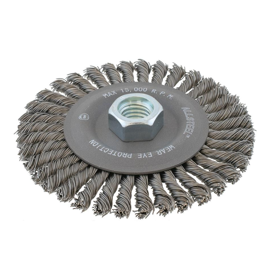 13W561 | All Metal™ Wire Wheel Brush 5", 5/8"-11 Arbor, Stringer Bead Knot-Twisted Steel Wires