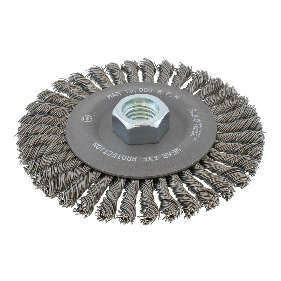13W661 | All Metal™ Wire Wheel Brush 6", 5/8"-11 Arbor, Stringer Bead Knot-Twisted Steel Wires