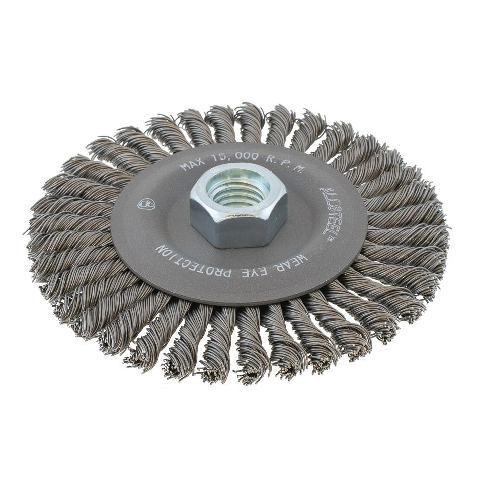 13W761 | All Metal™ Wire Wheel Brush 6-7/8", 5/8"-11 Arbor, Stringer Bead Knot-Twisted Steel Wires