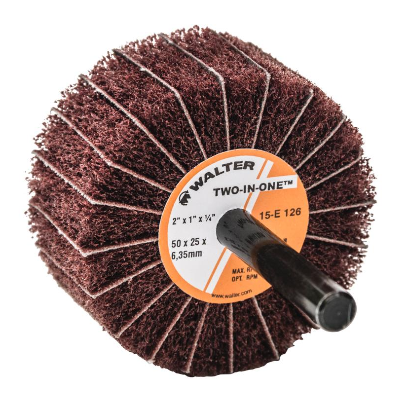 15E126 | TWO-IN-ONE™ Flap Wheel 2" x 1", 1/4"Arbor, Extra fine, Non-Woven and Cloth