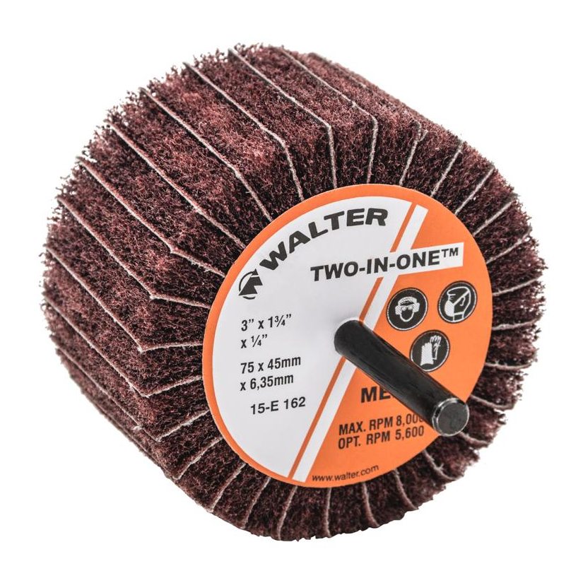 15E162 | TWO-IN-ONE™ Flap Wheel 3" x 1-3/4", 1/4"Arbor, Medium, Non-Woven and Cloth