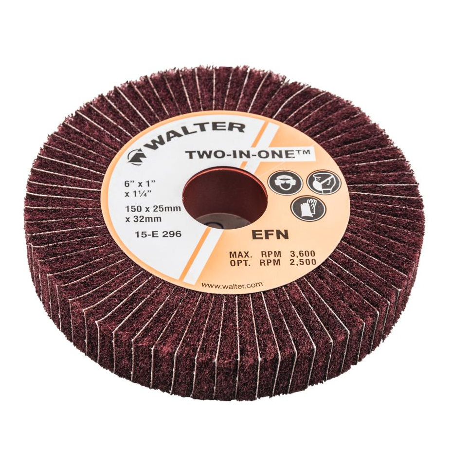 15E296 | TWO-IN-ONE™ Flap Wheel 6" x 1", 1-1/4"Arbor, Extra fine, Non-Woven and Cloth
