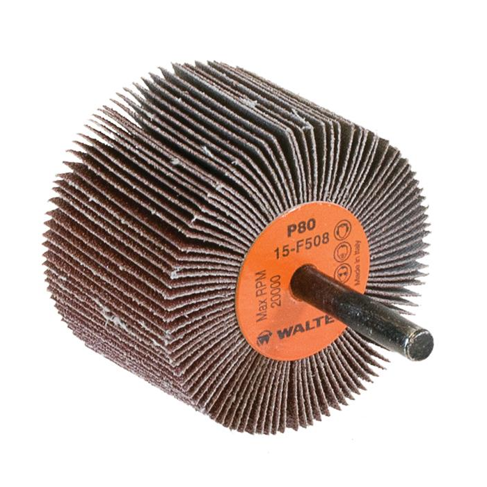 15F508 | COOLCUT™ Flap Wheel 2-1/2" x 1-1/2", 1/4" Arbor, 80 Grit, Cloth