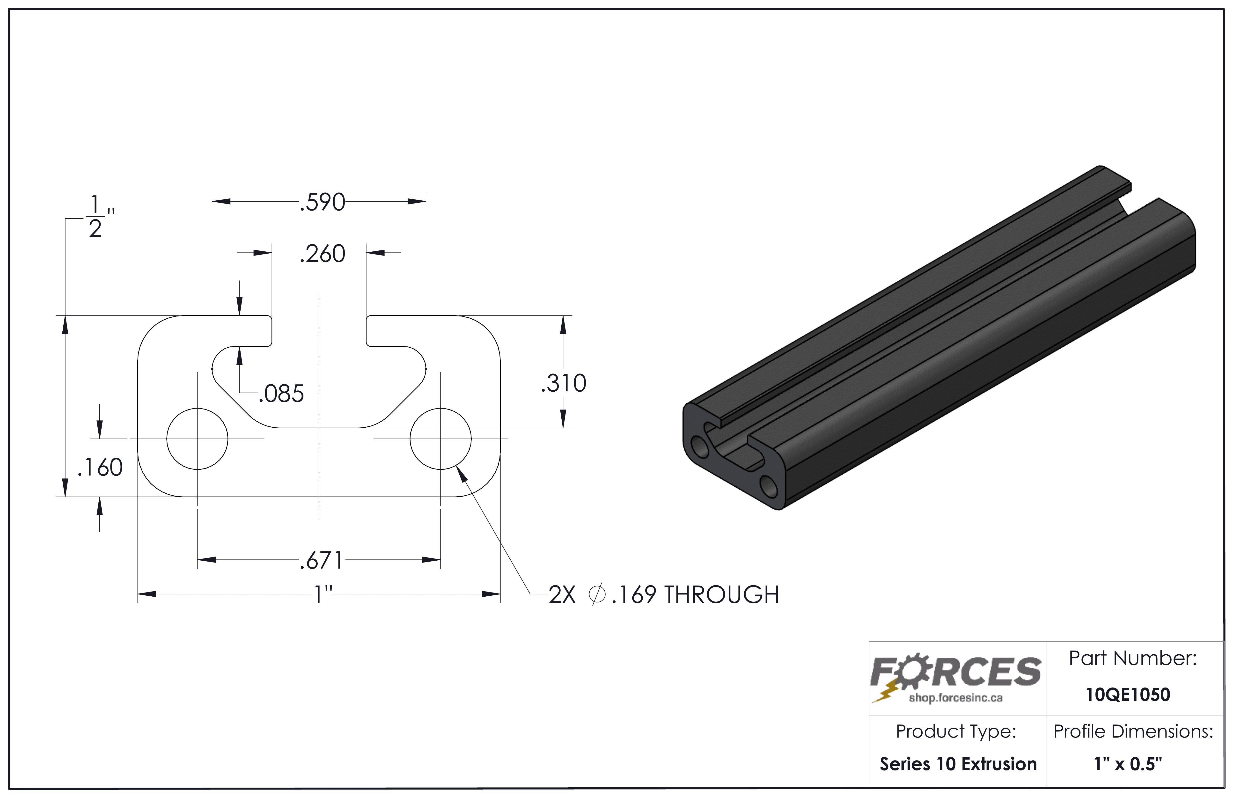 1" x 0.5" Black Smooth T-Slotted Aluminum Extrusion