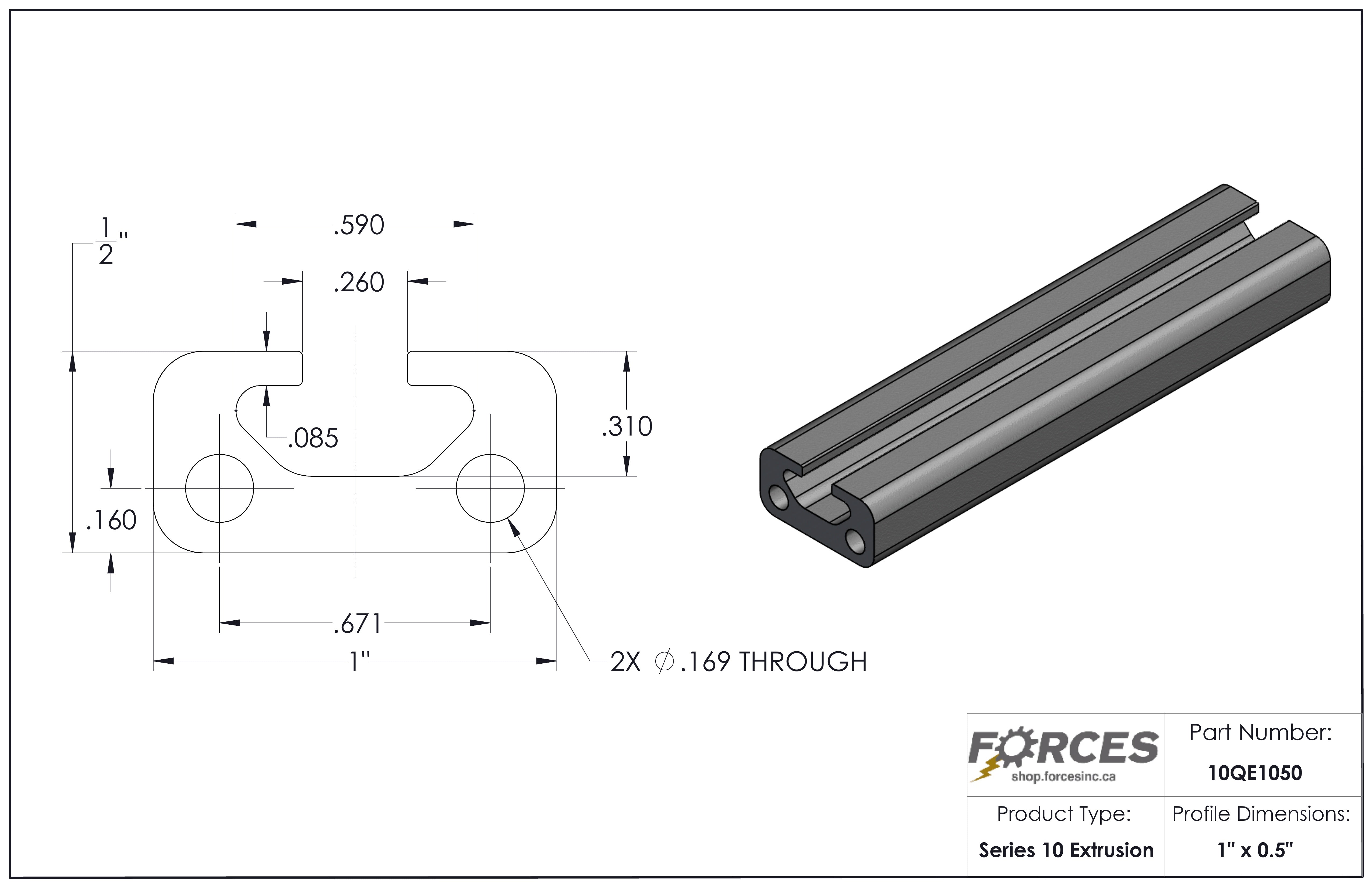 1" x 0.5" Smooth T-Slotted Aluminum Extrusion