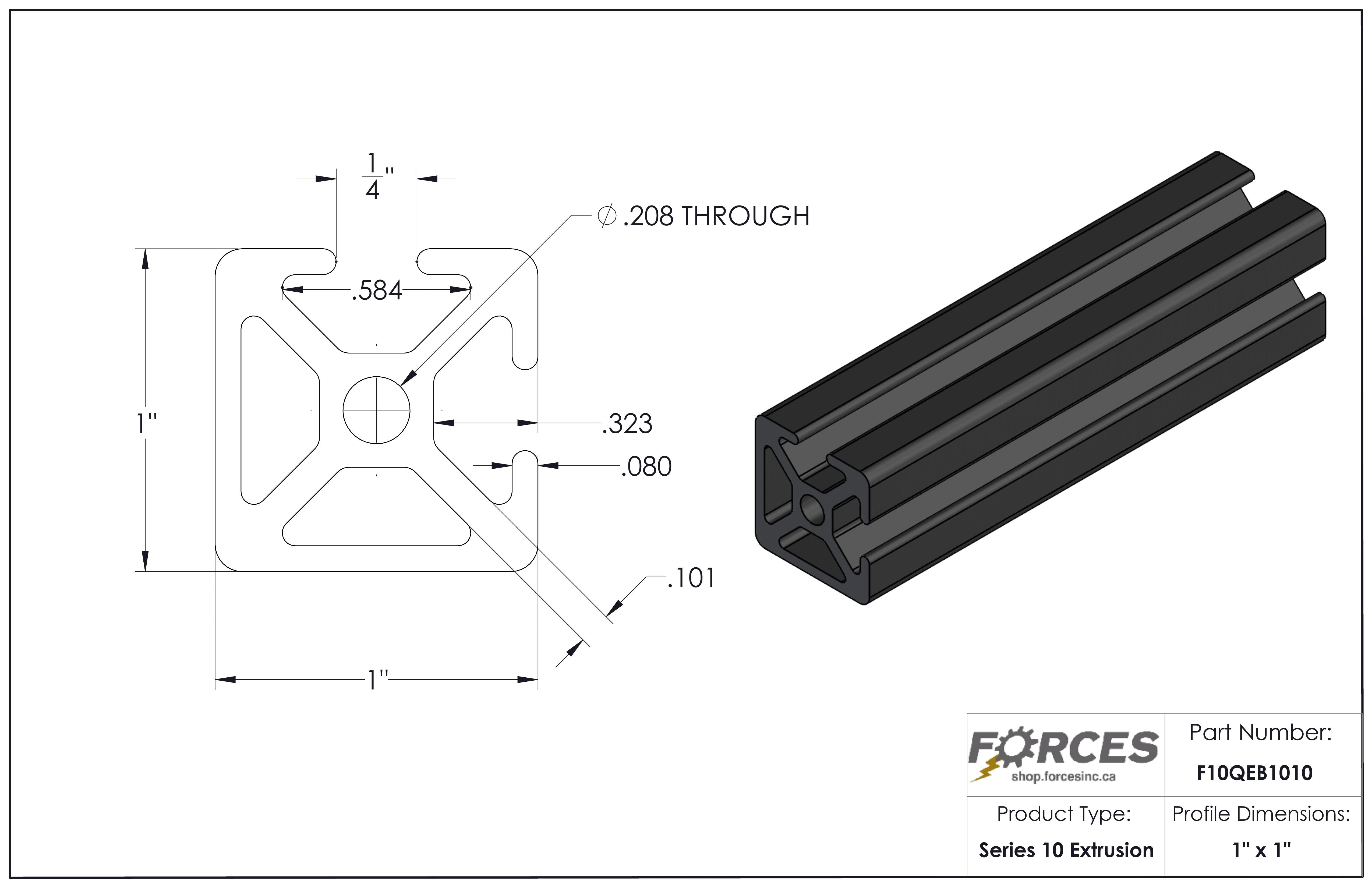 1" x 1" Black Smooth Bi-Slotted Aluminum Extrusion