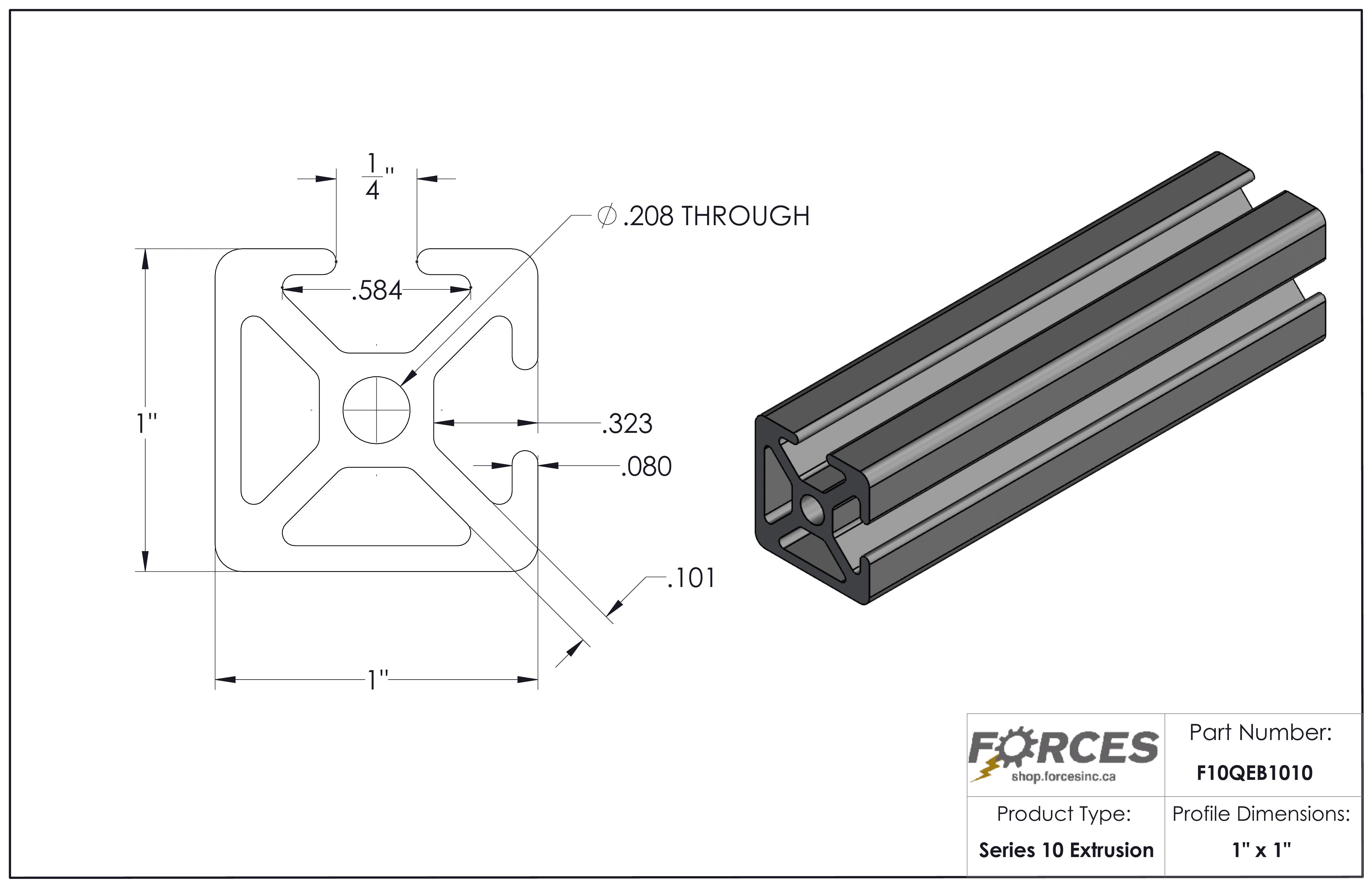 1" x 1" Smooth Bi-Slotted Aluminum Extrusion