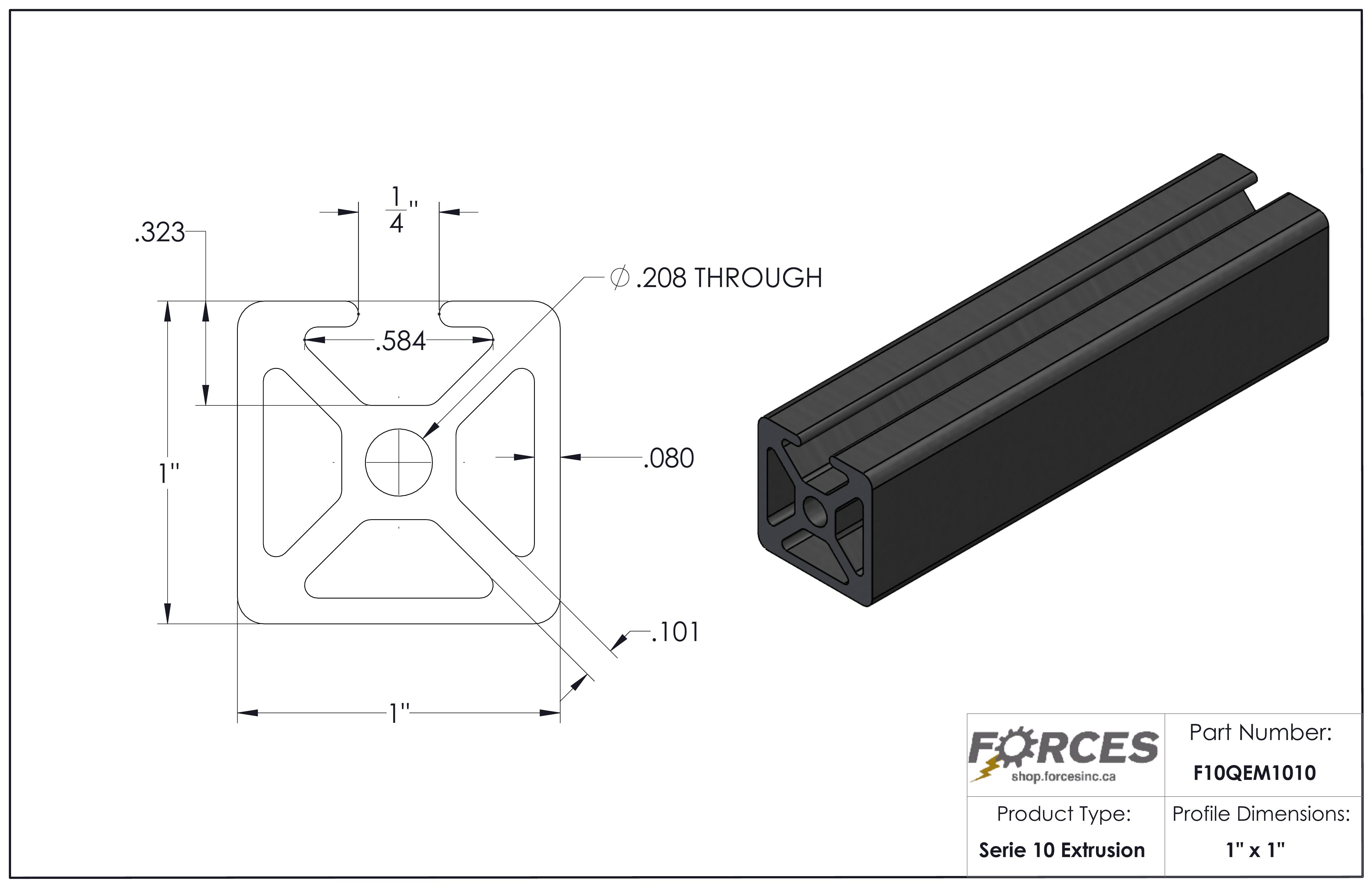 1" x 1" Black Smooth Mono T-Slotted Aluminum Extrusion