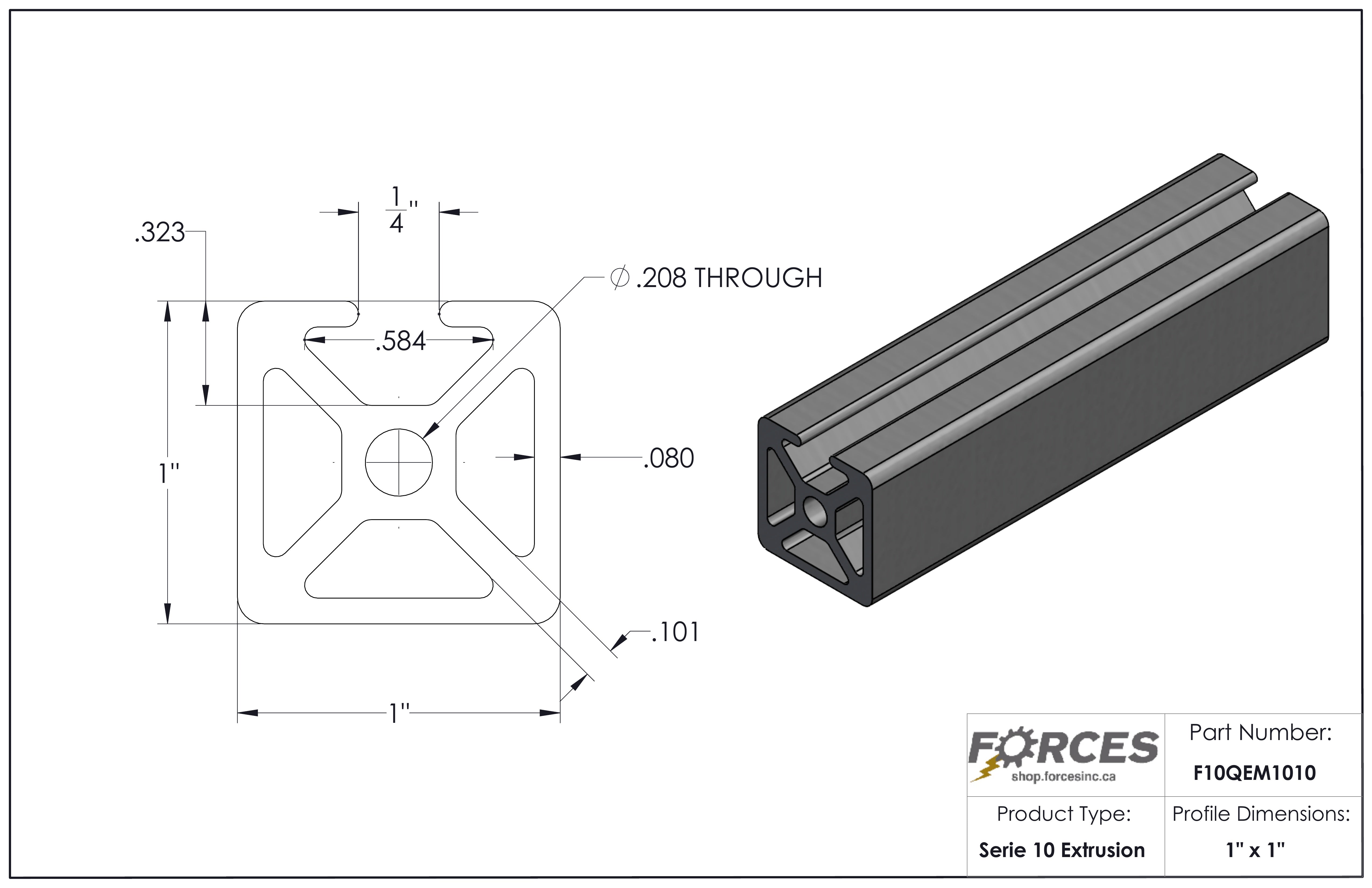 1" x 1" Smooth Mono T-Slotted Aluminum Extrusion