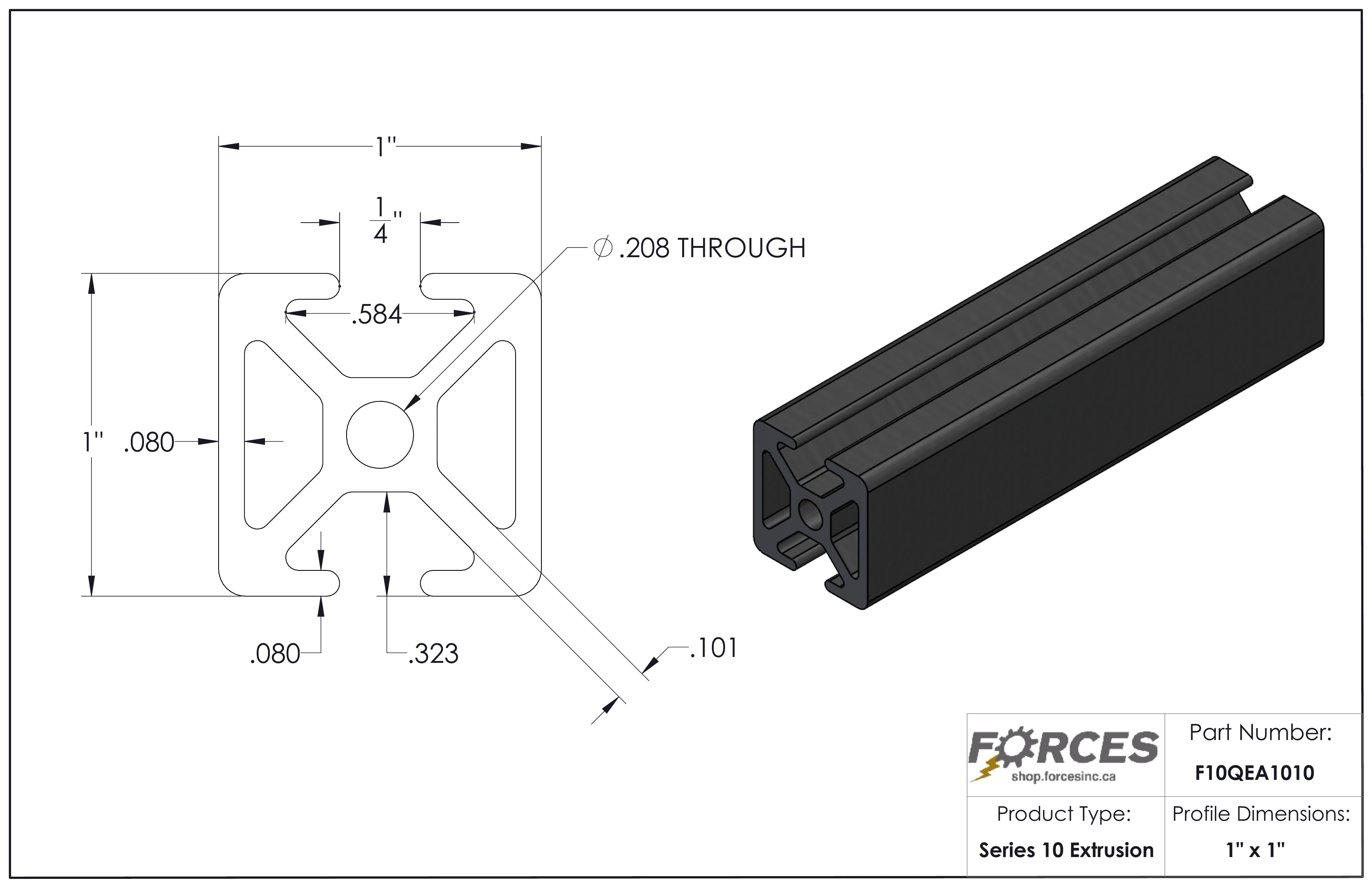 1" x 1" Black Opposite Smooth Bi-Slotted Aluminum Extrusion