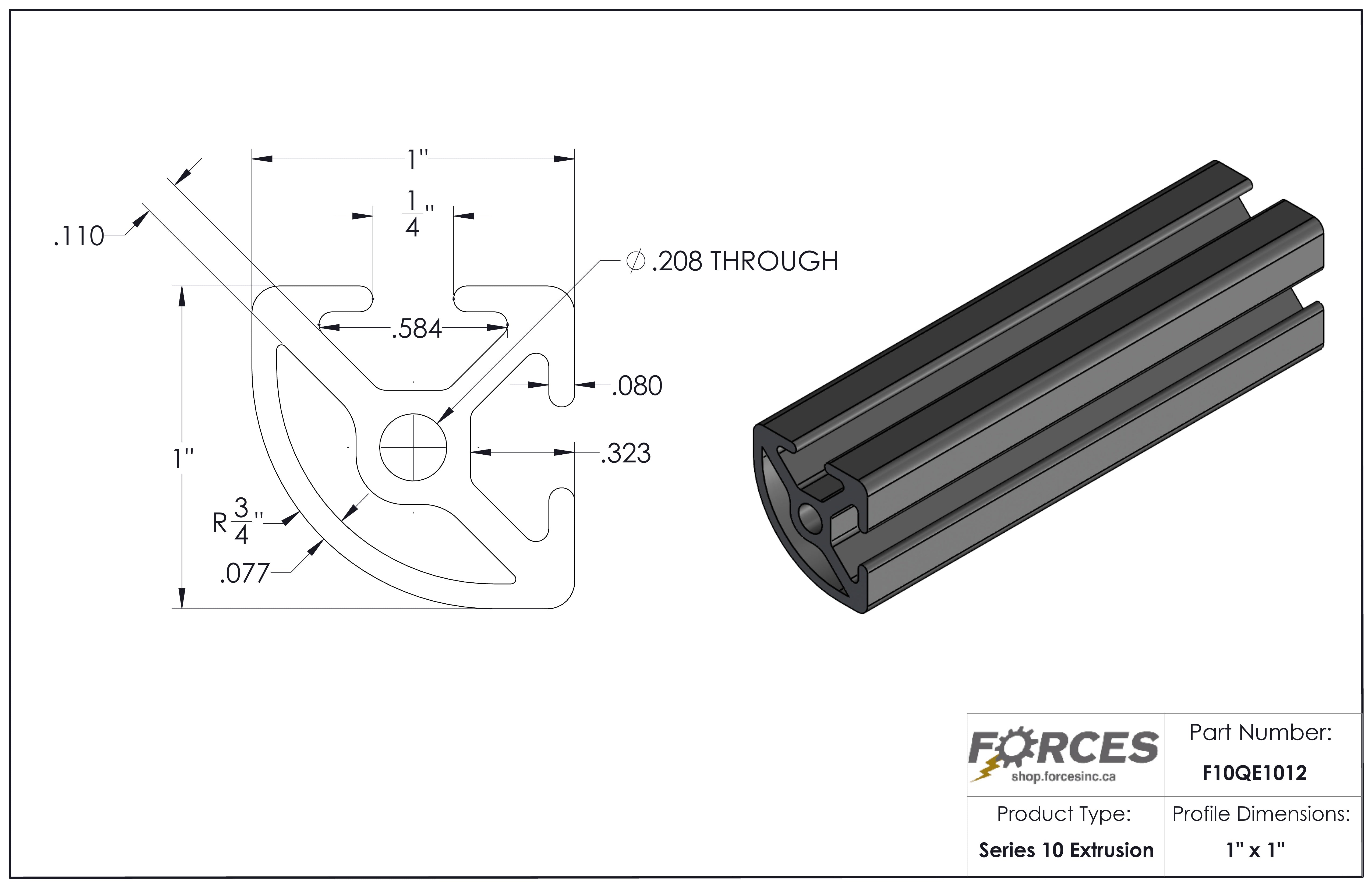 1" x 1" Quarter-Round Smooth T-Slotted Aluminum Extrusion