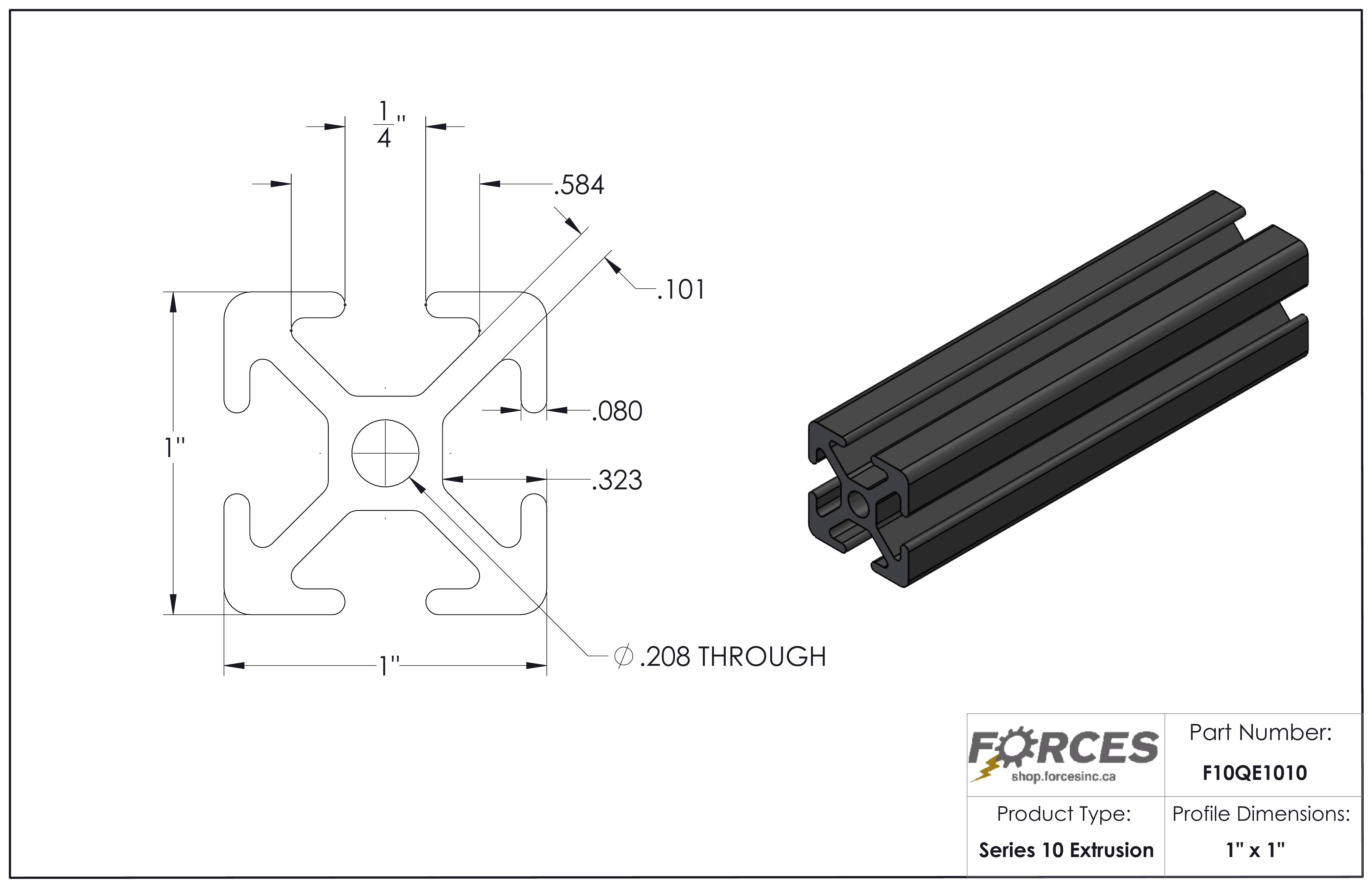 1" x 1" Black Smooth T-Slotted Aluminum Extrusion