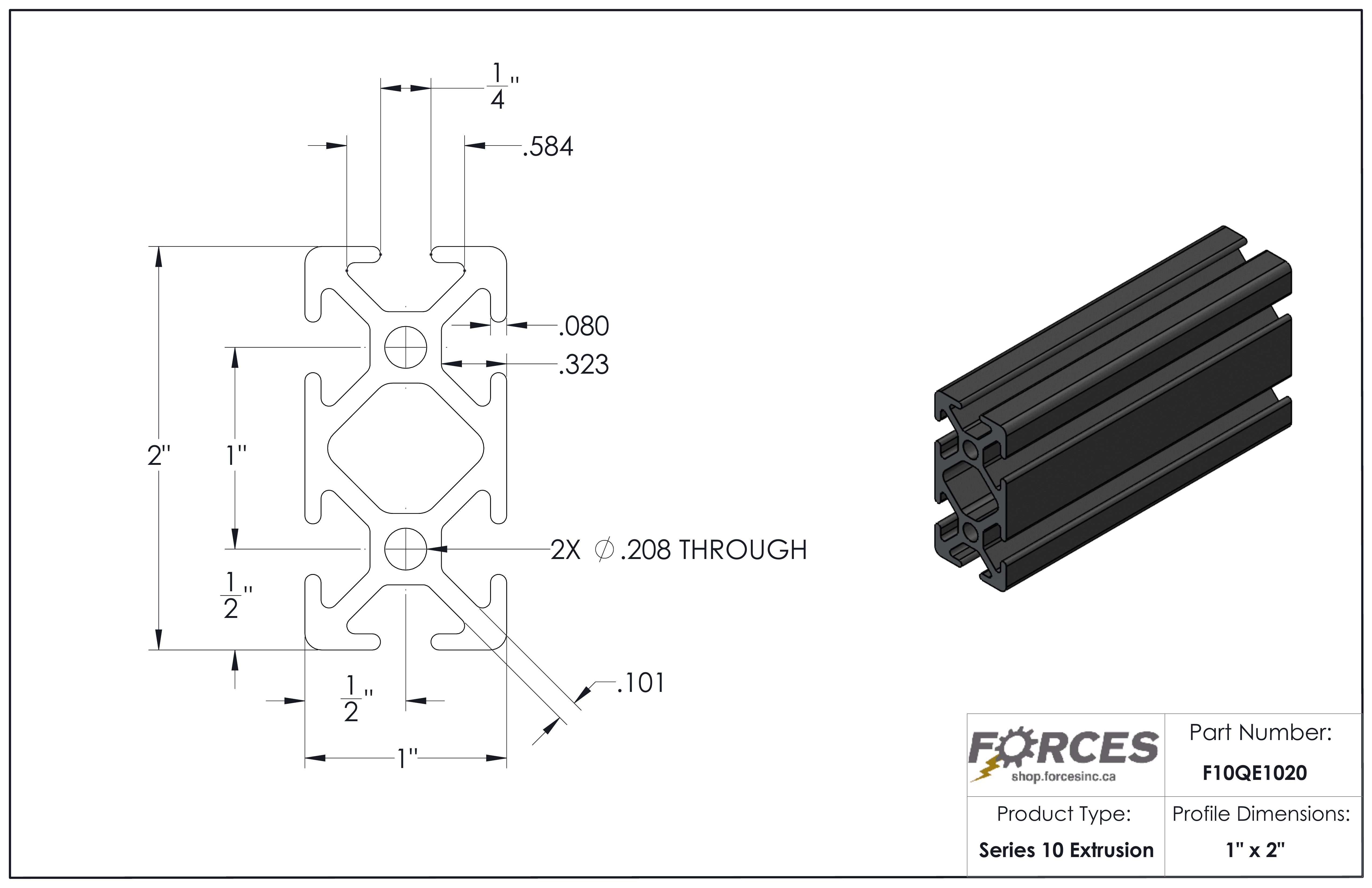 1" x 2" Black Smooth T-Slotted Aluminum Extrusion