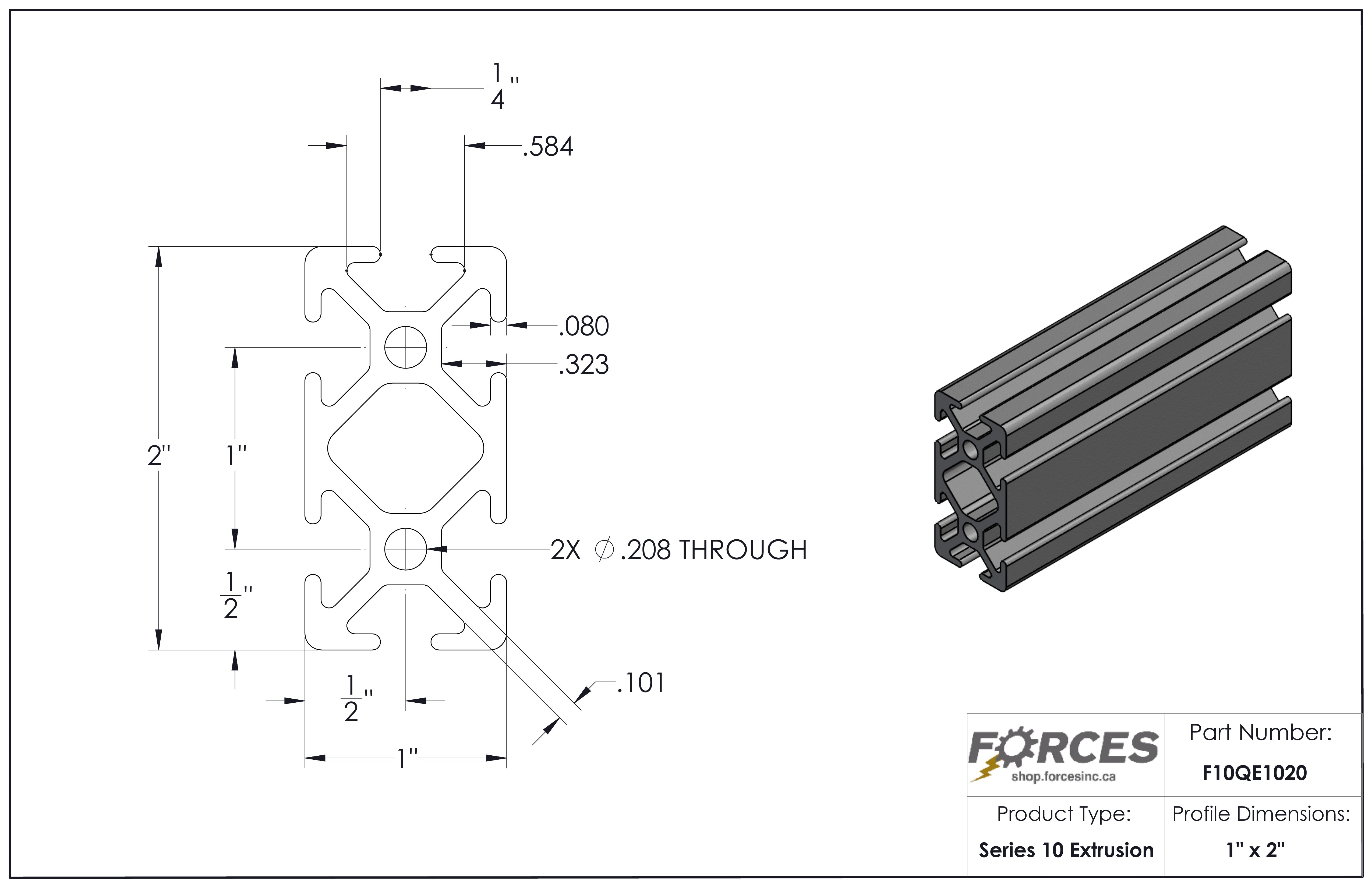 1" x 2" Smooth T-Slotted Aluminum Extrusion