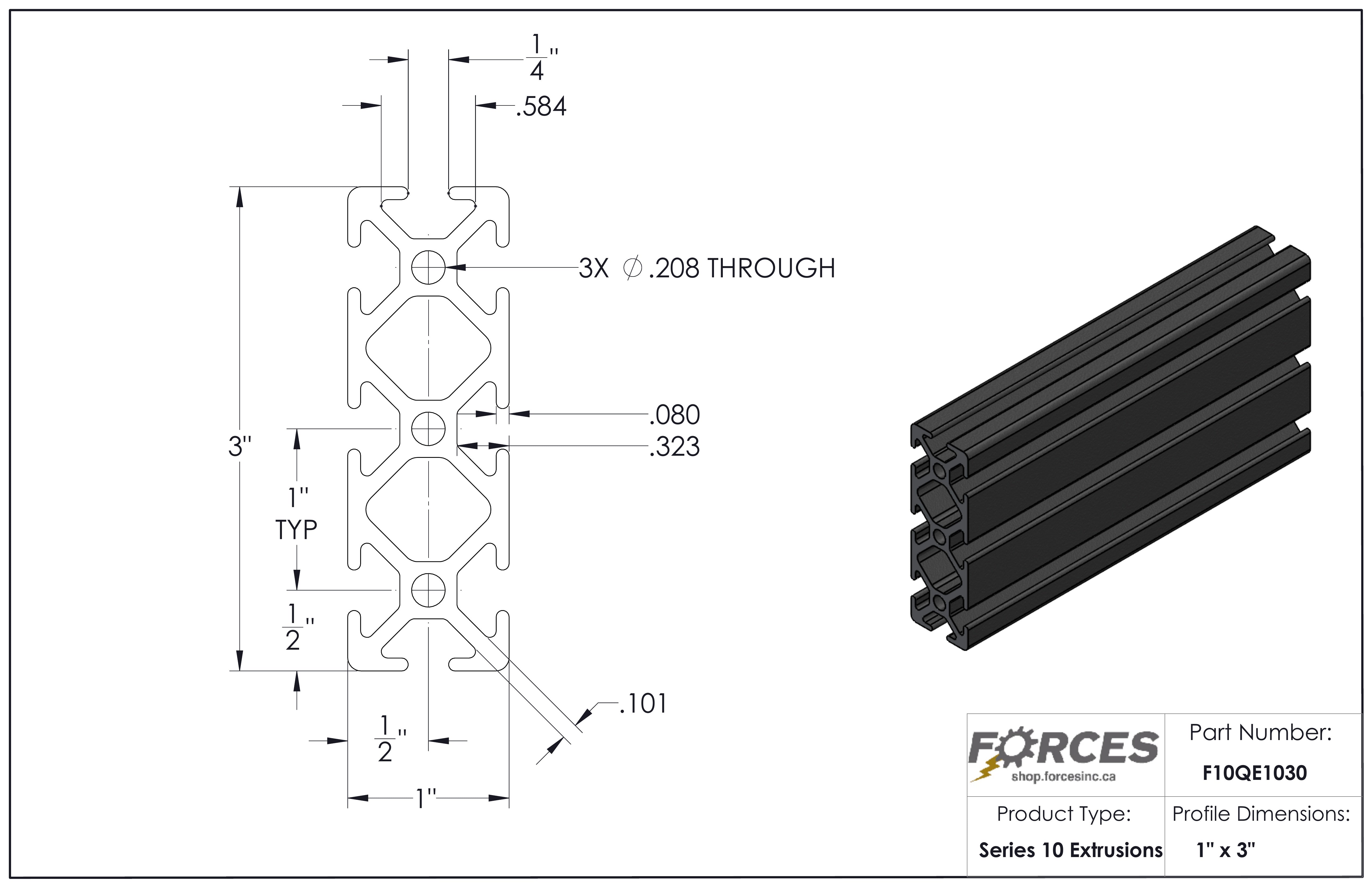 1" x 3" Black Smooth T-Slotted Aluminum Extrusion