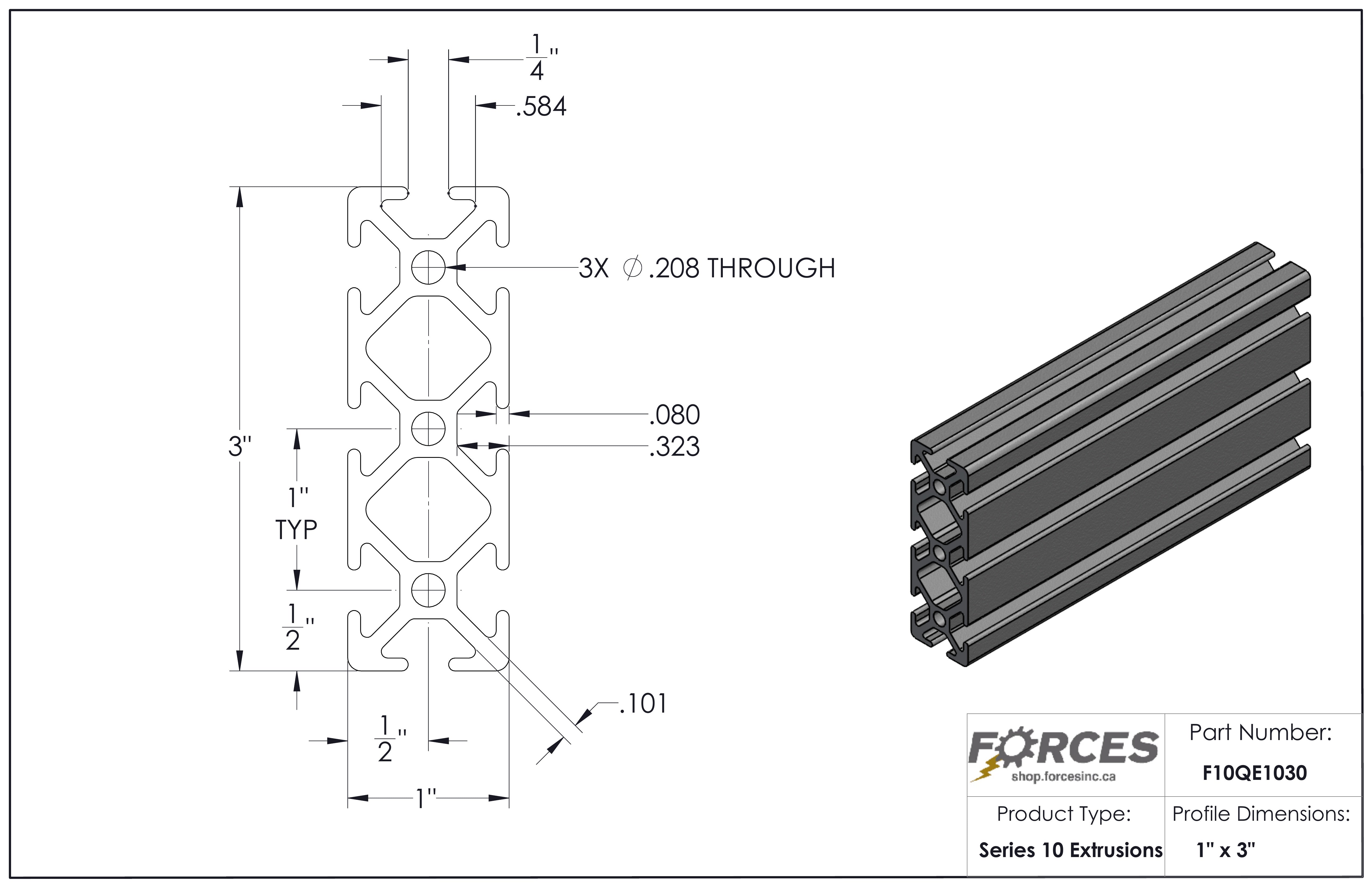 1" x 3" Smooth T-Slotted Aluminum Extrusion