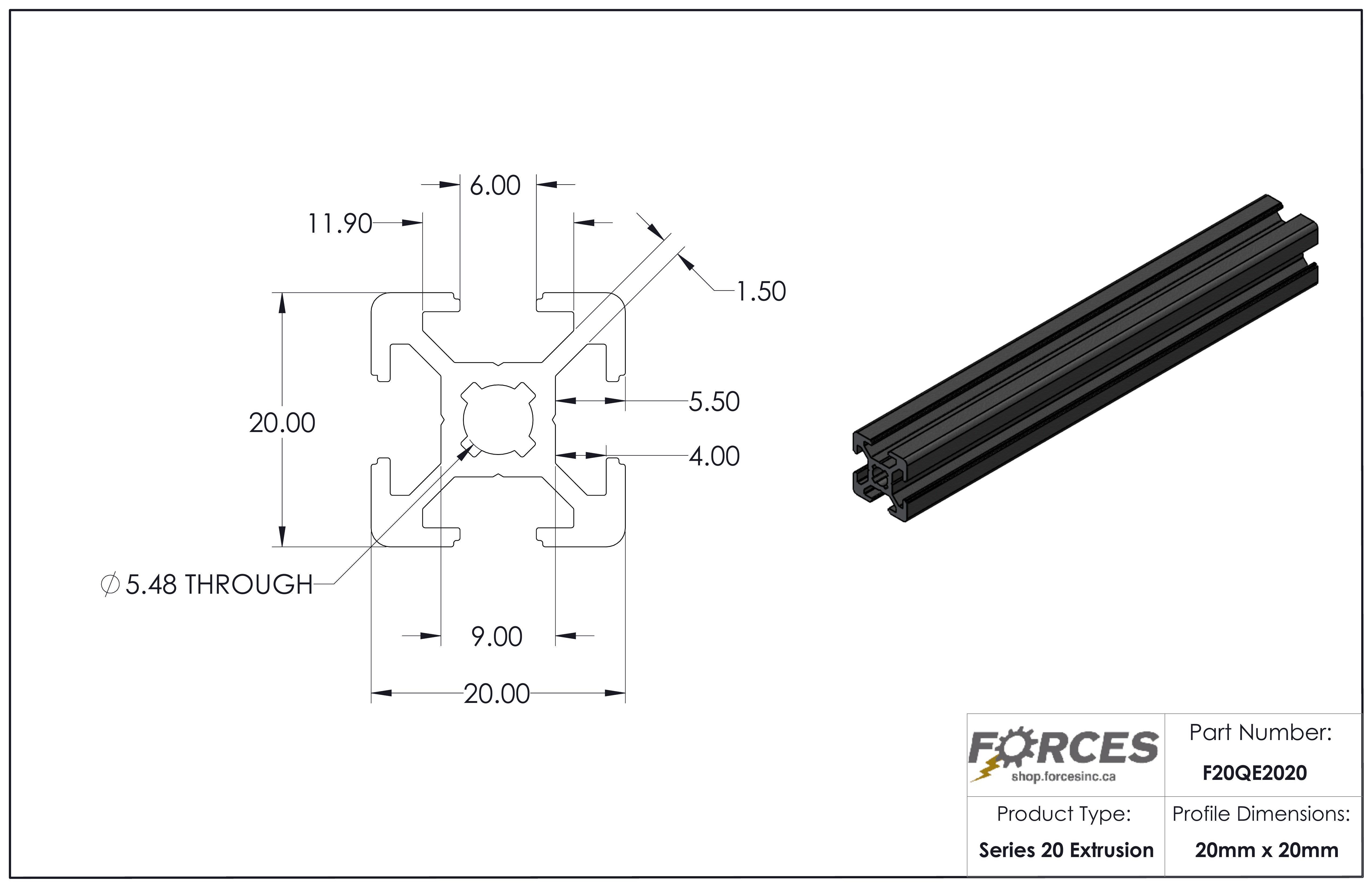 20mm x 20mm Black Smooth T-Slotted Aluminum Extrusion