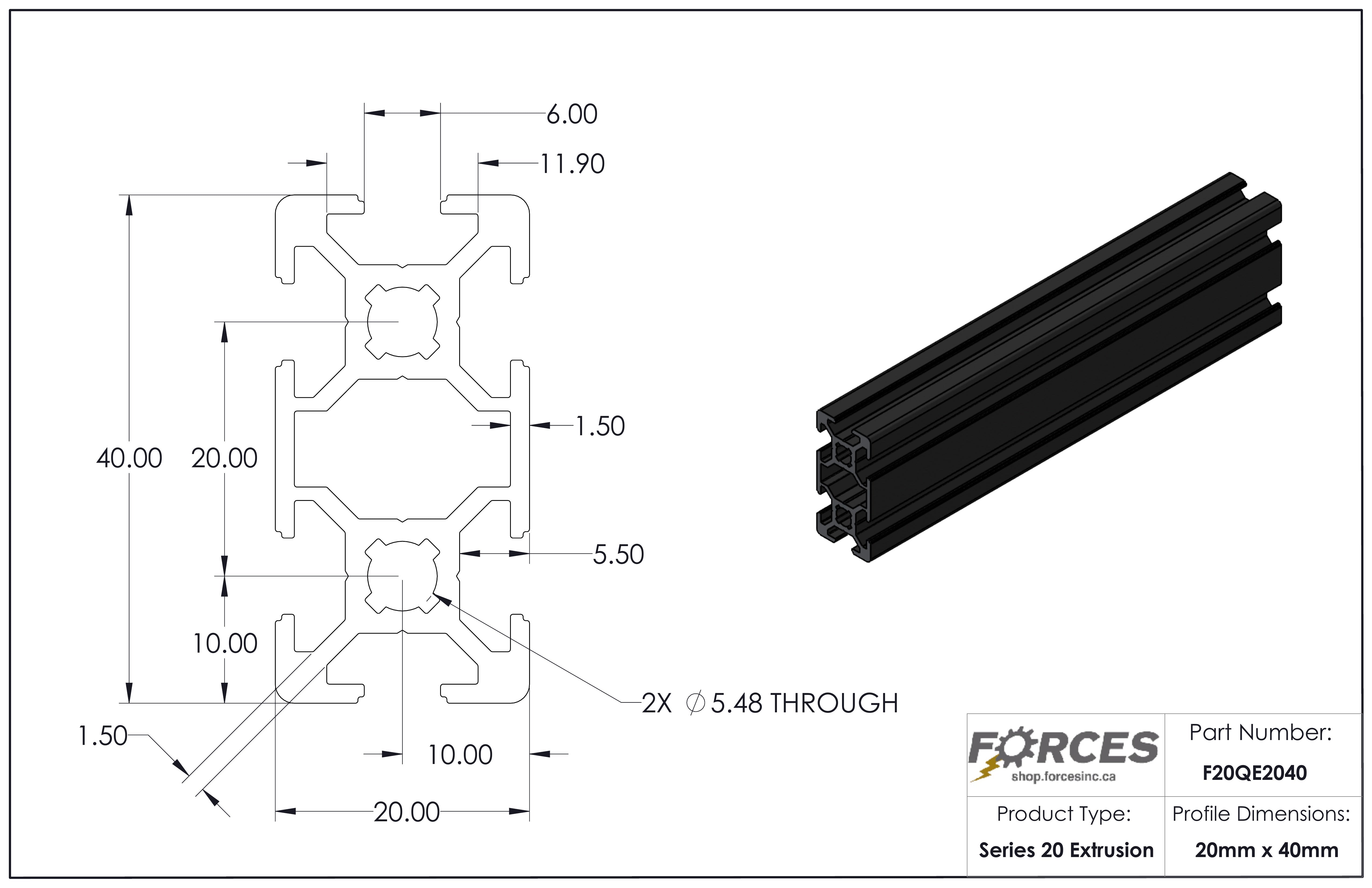 20mm x 40mm Black Smooth T-Slotted Aluminum Extrusion