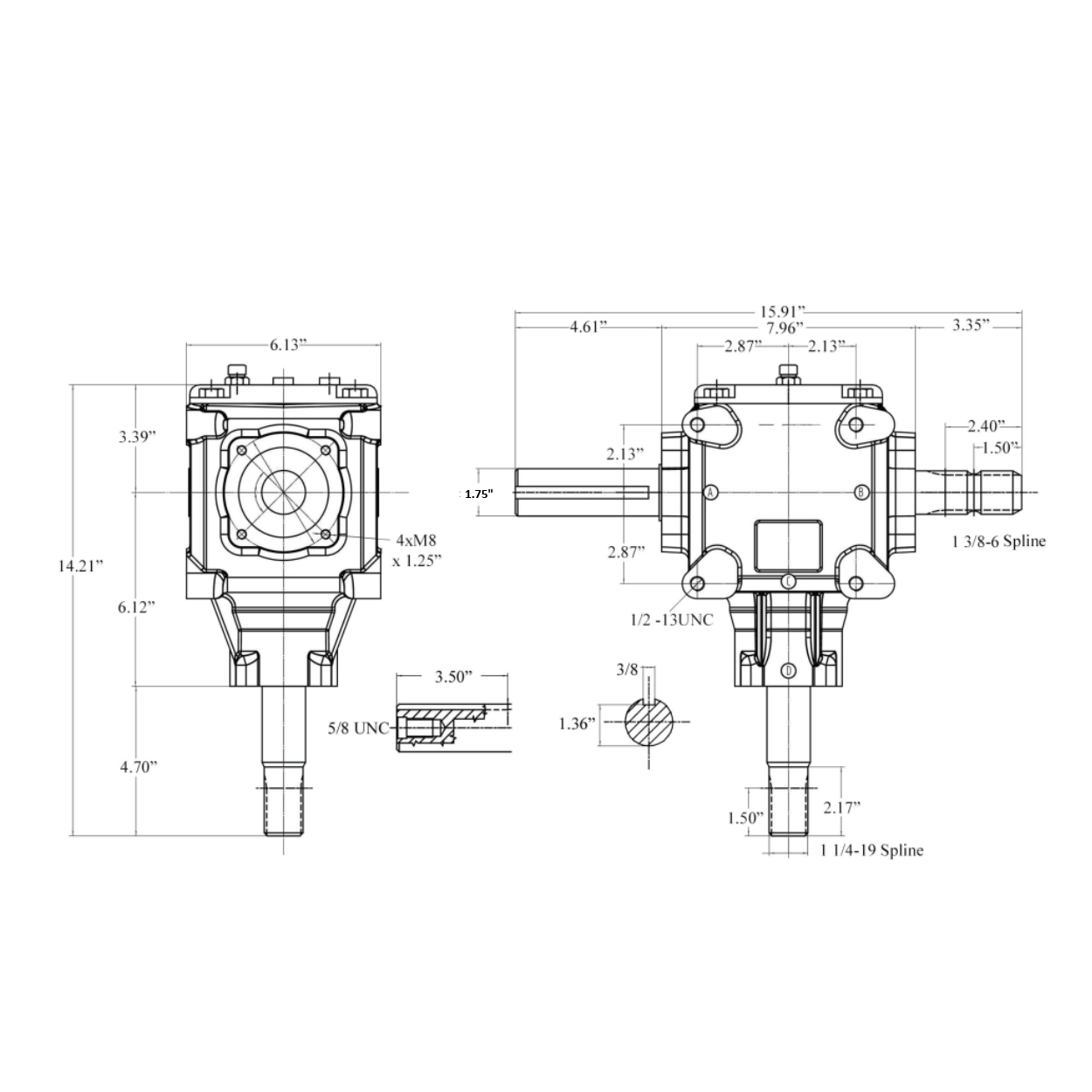 Agricultural Gear Speed Reducer 1:1 Fan Shaft 1.75" - Cast Iron