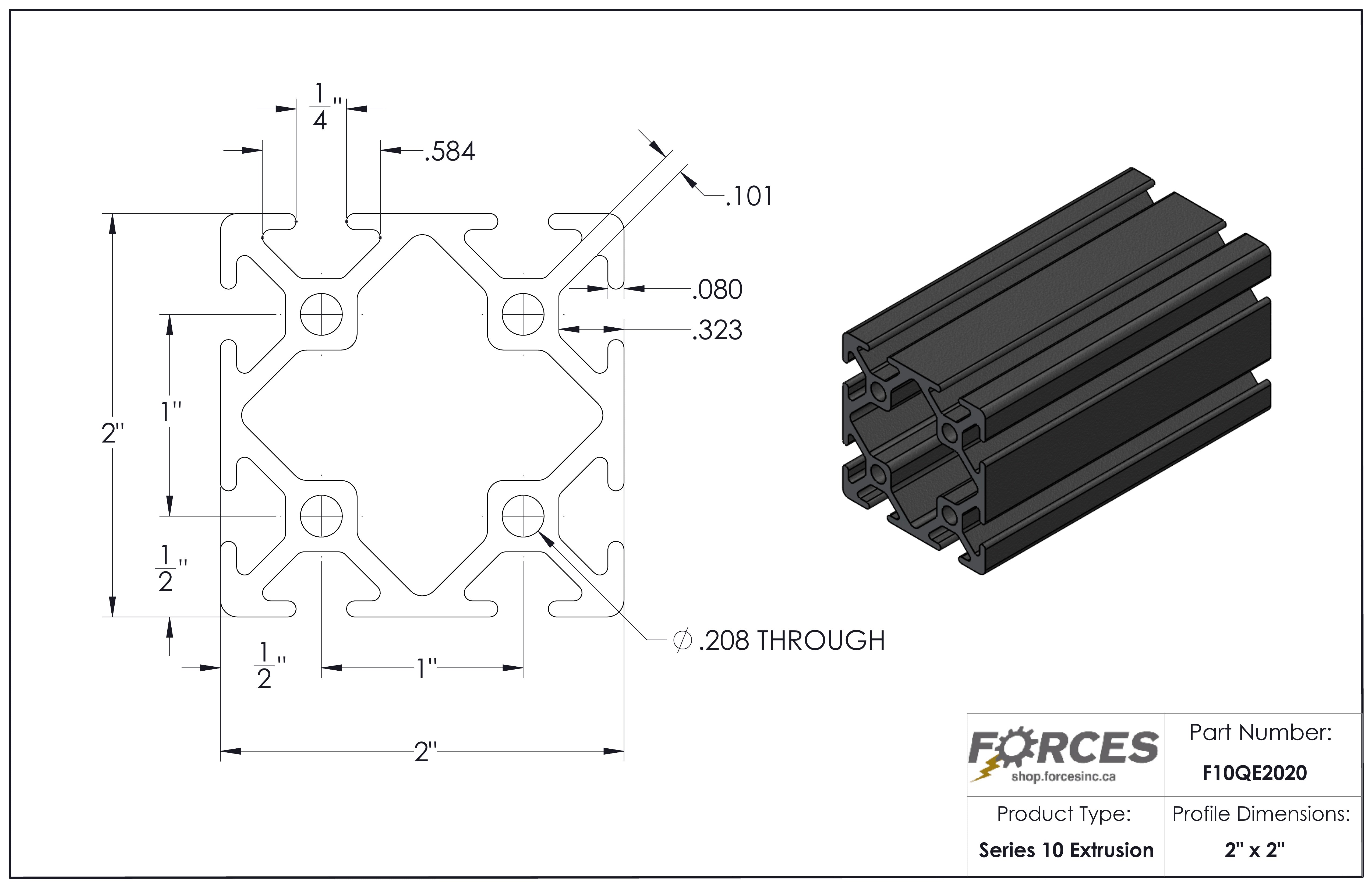 2" x 2" Black Smooth T-Slotted Aluminum Extrusion