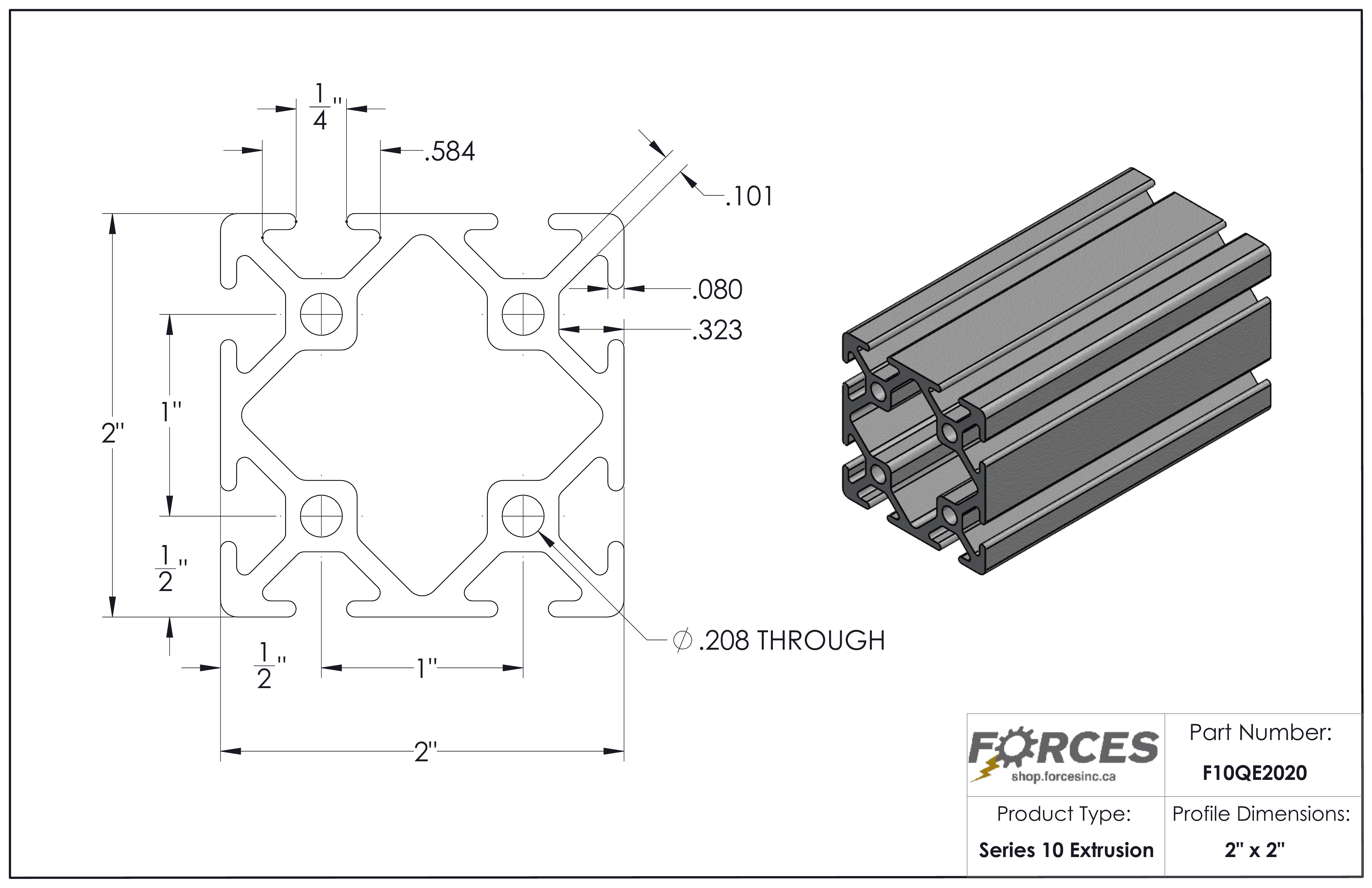 2" x 2" Smooth T-Slotted Aluminum Extrusion