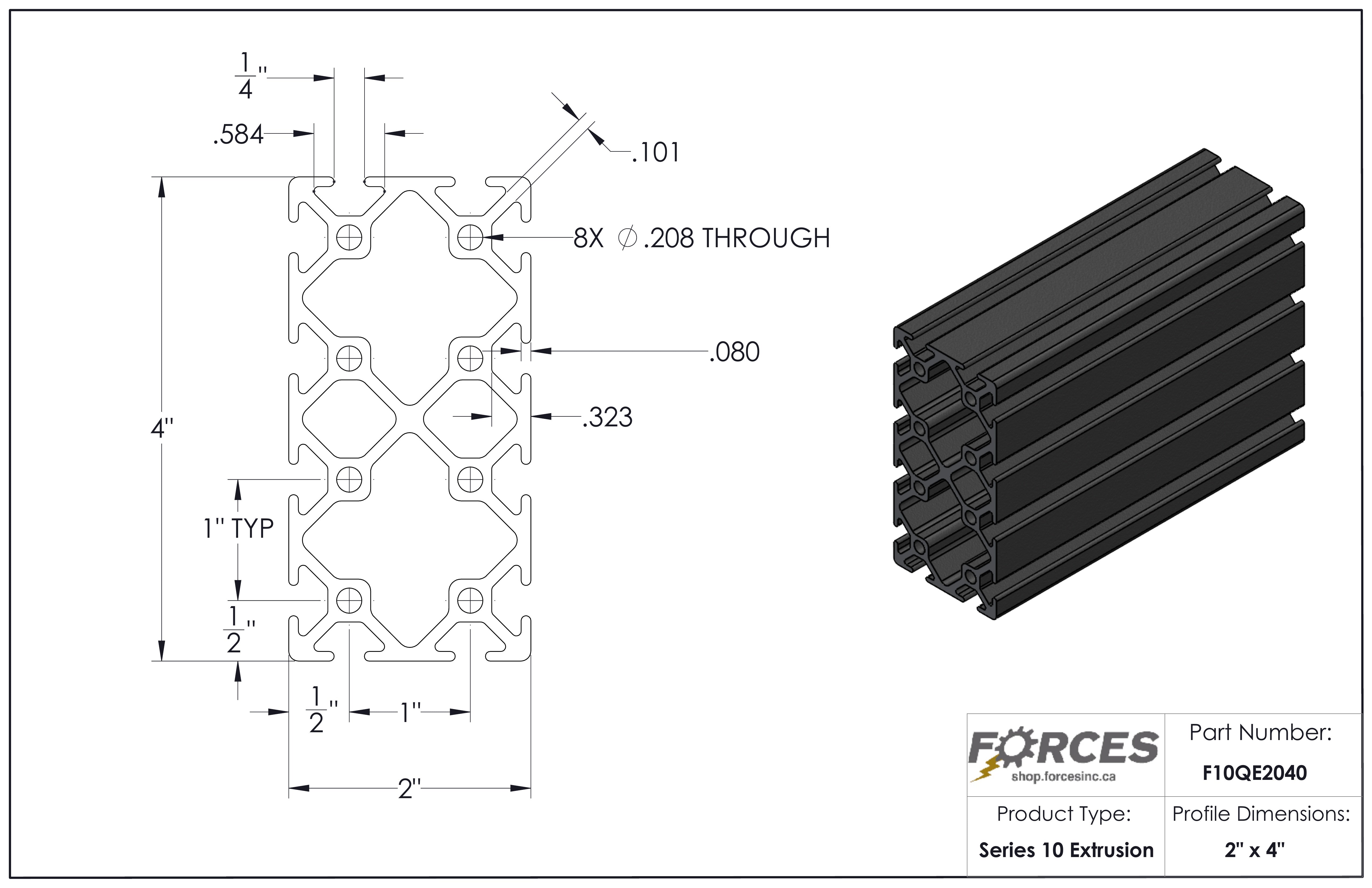 2" x 4" Black Smooth T-Slotted Aluminum Extrusion