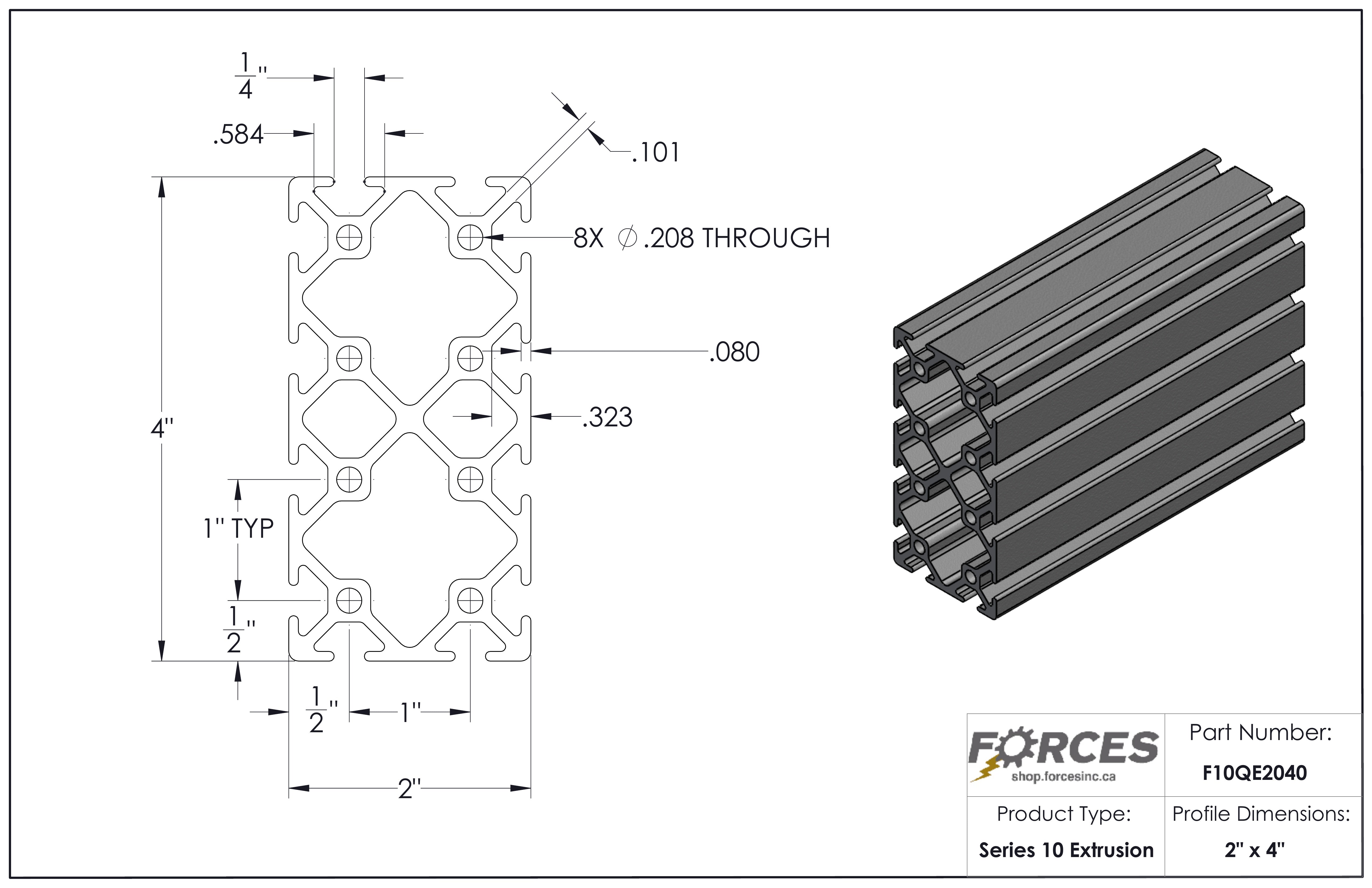 2" x 4" Smooth T-Slotted Aluminum Extrusion