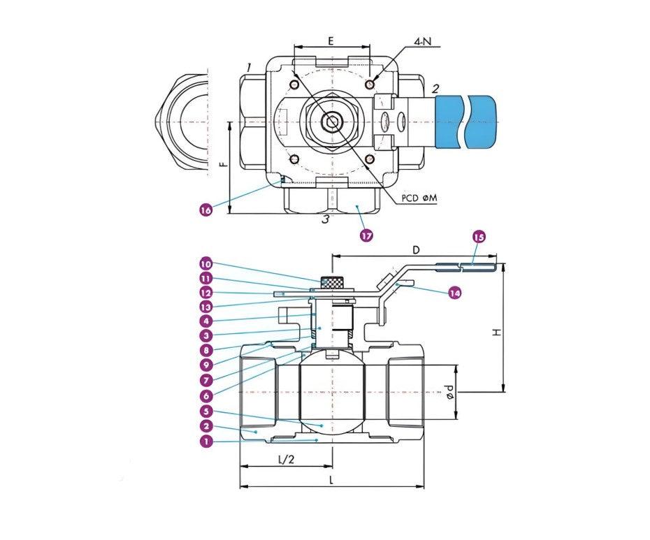 3 Way L Port Ball Valve 1" NPT Stainless Steel 316 - Forces Inc