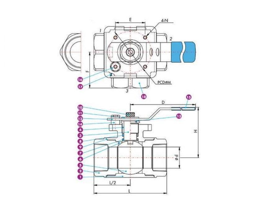 3 Way T Port Ball Valve 3/4" NPT 1000 WOG Stainless Steel 316 - Forces Inc